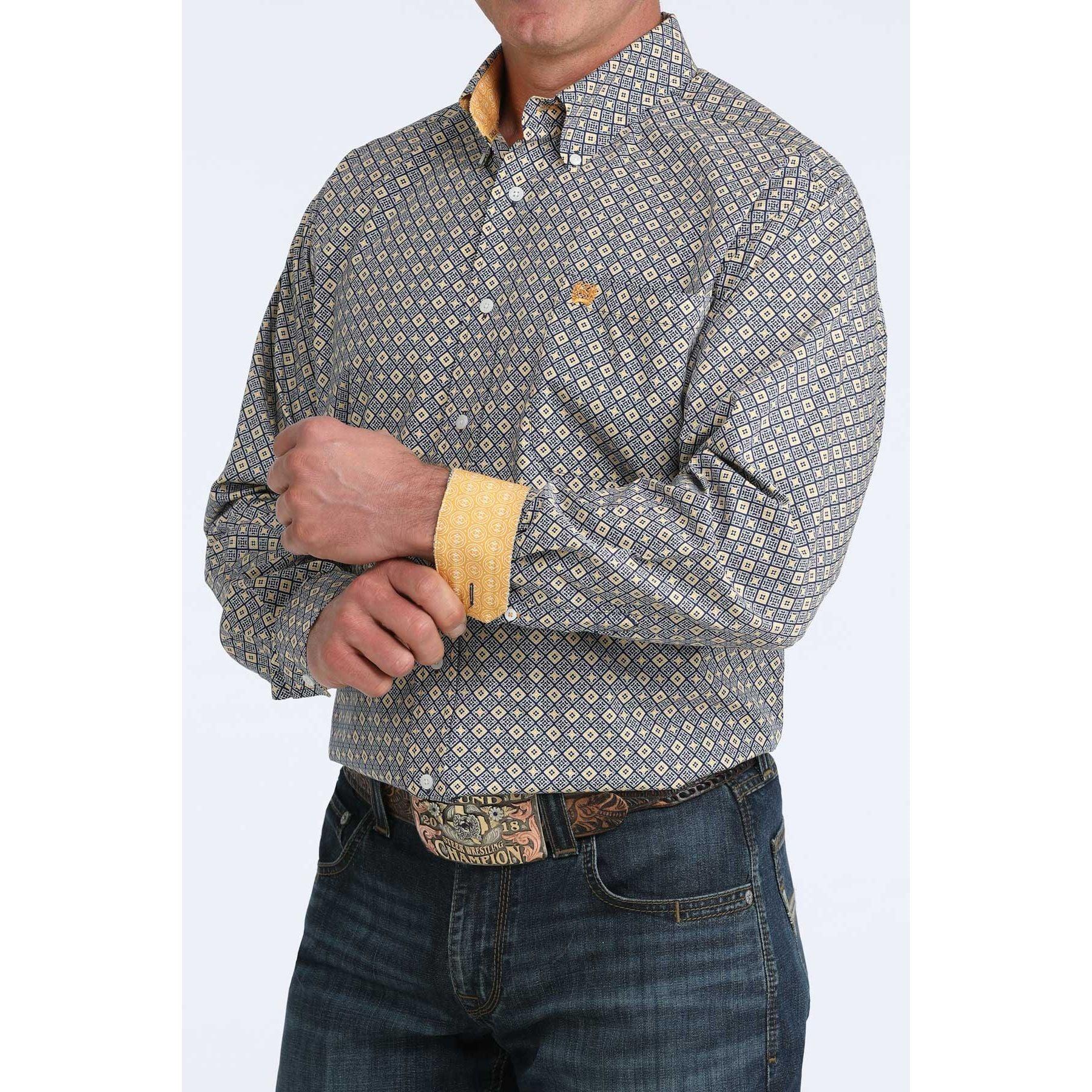 Men's Cinch Long Sleeve Blue and Yellow Geo Print Button Up Shirt MTW1106073