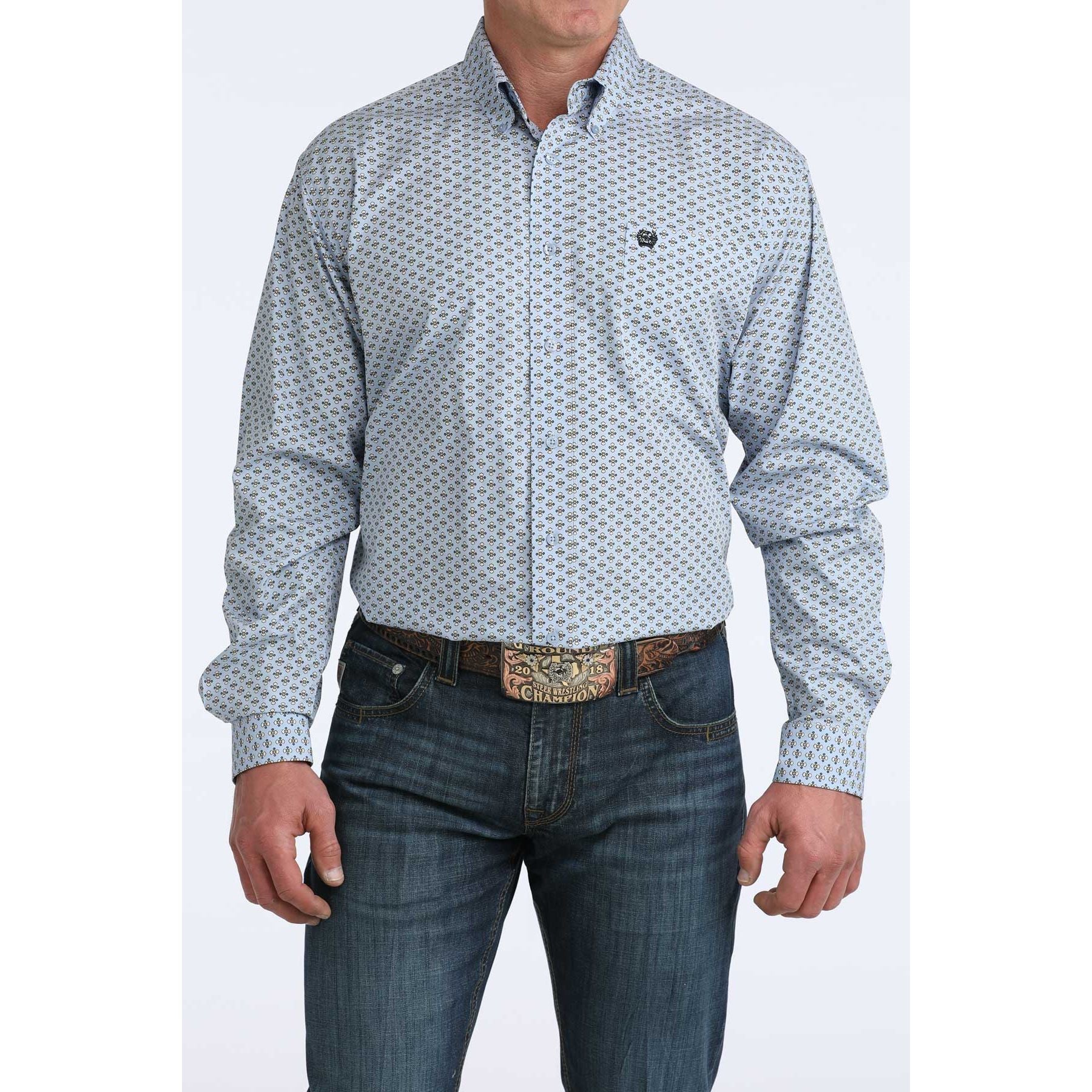 Men's Cinch Long Sleeve Blue Geo Print Button Up Shirt MTW1106076