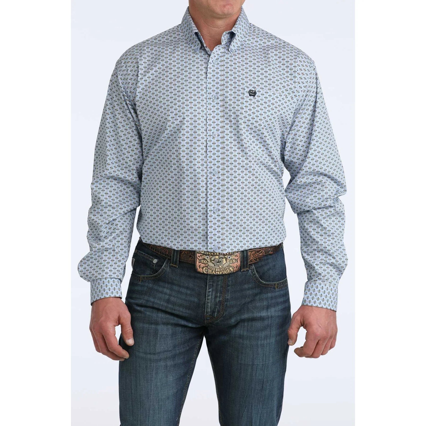 Men's Cinch Long Sleeve Blue Geo Print Button Up Shirt MTW1106076
