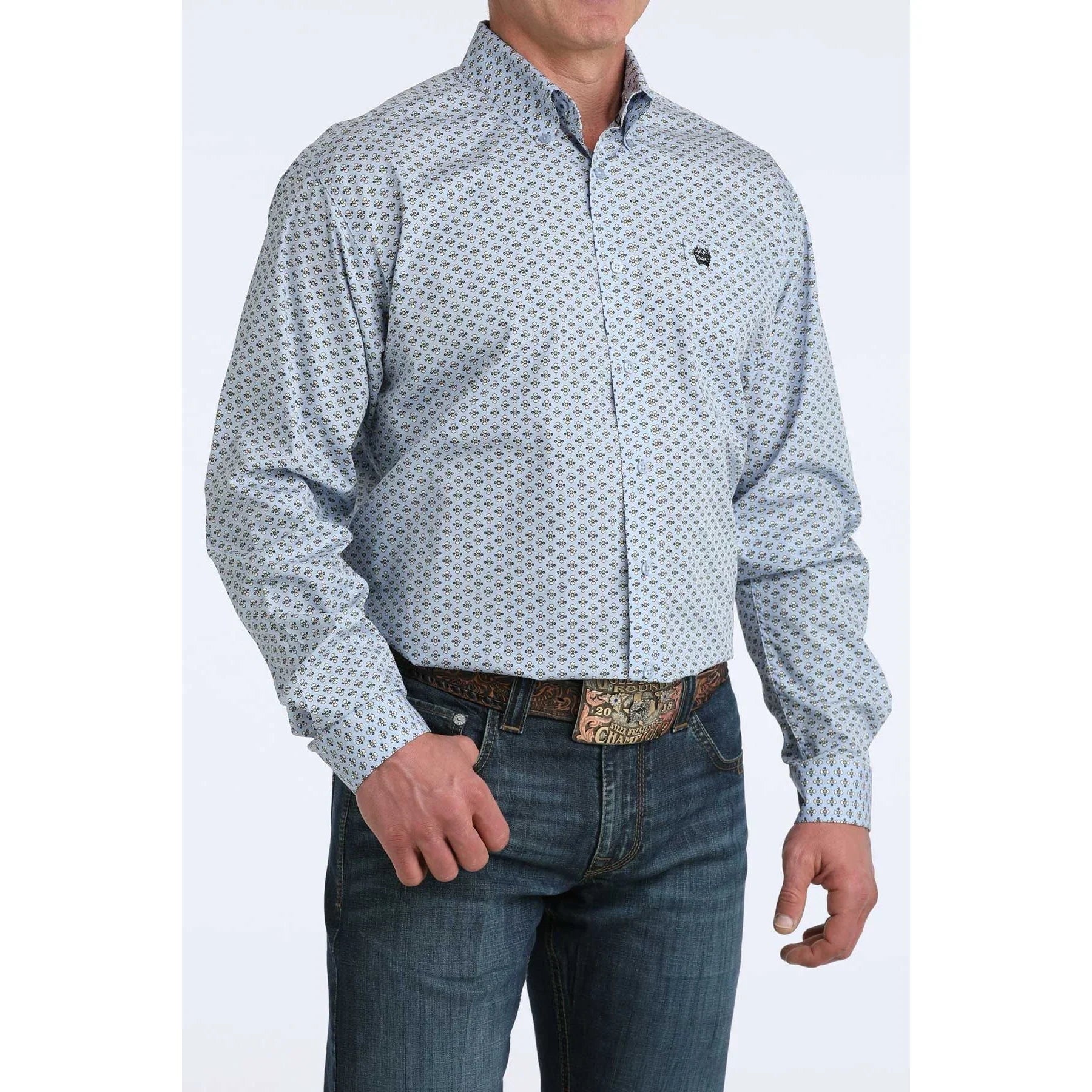 Men's Cinch Long Sleeve Blue Geo Print Button Up Shirt MTW1106076