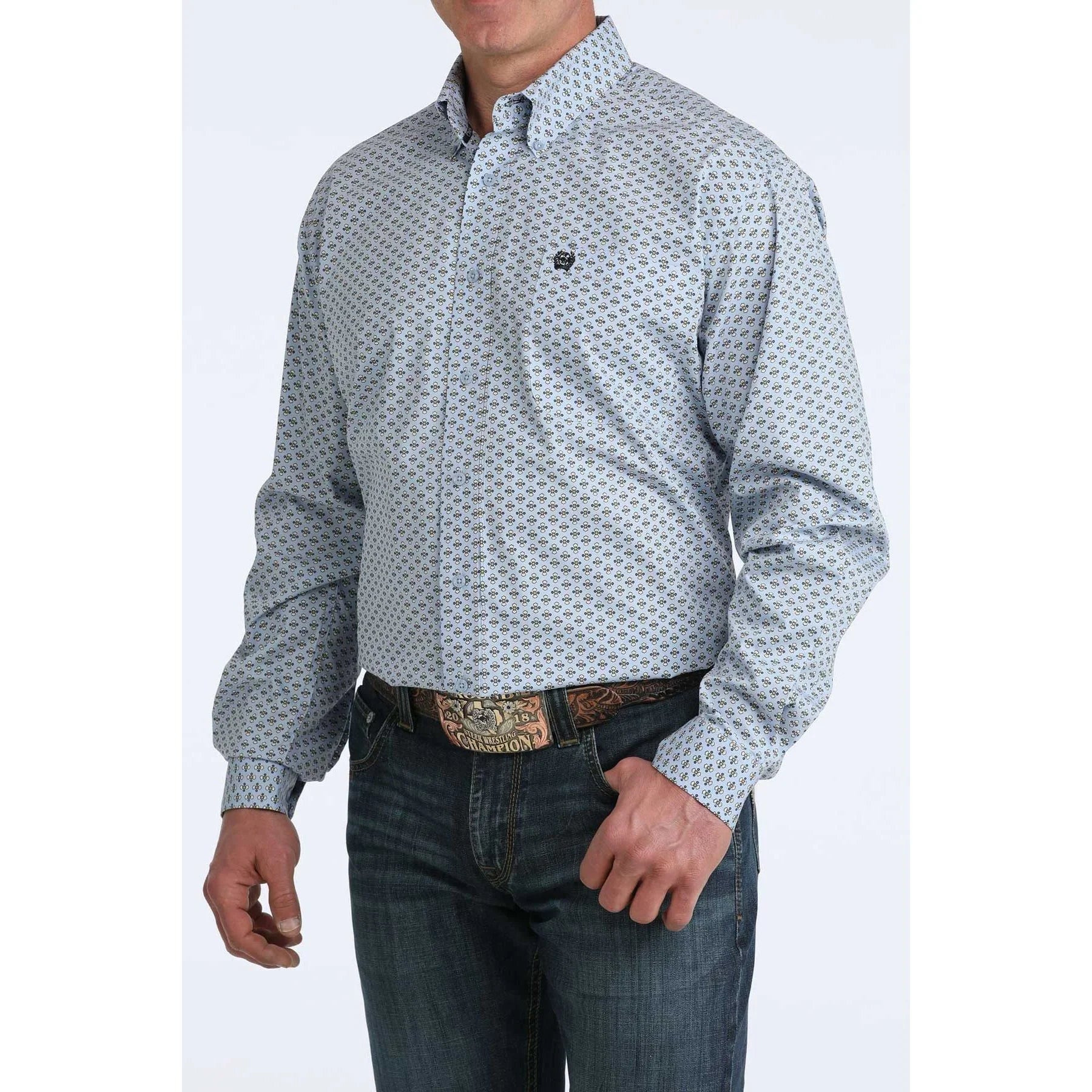 Men's Cinch Long Sleeve Blue Geo Print Button Up Shirt MTW1106076