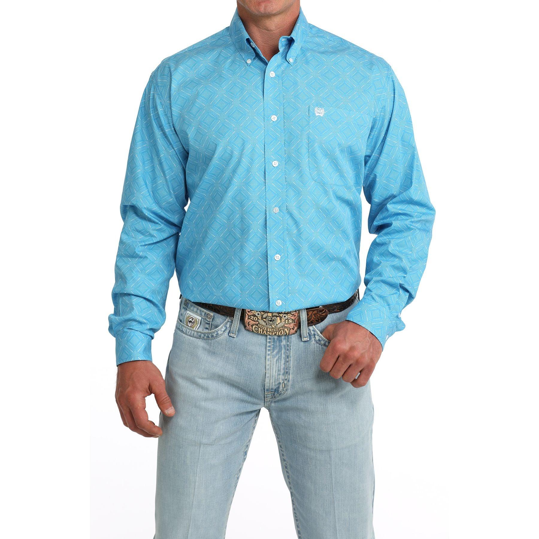 Men's Cinch Long Sleeve Blue Printed Button Up Shirt MTW1106086