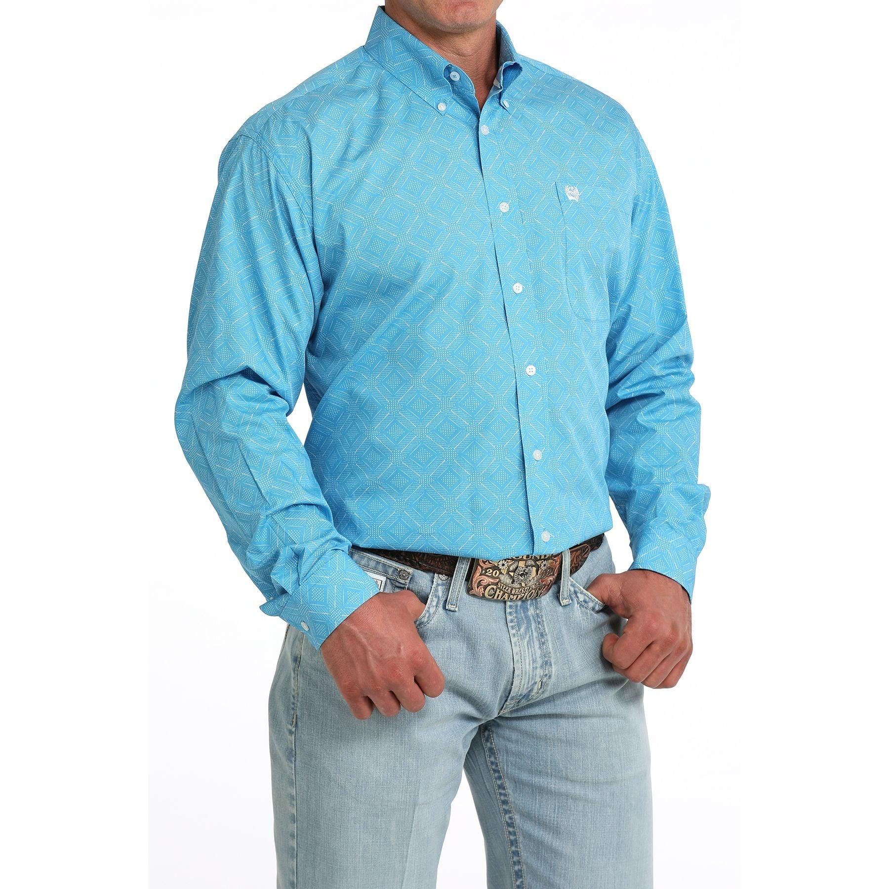 Men's Cinch Long Sleeve Blue Printed Button Up Shirt MTW1106086
