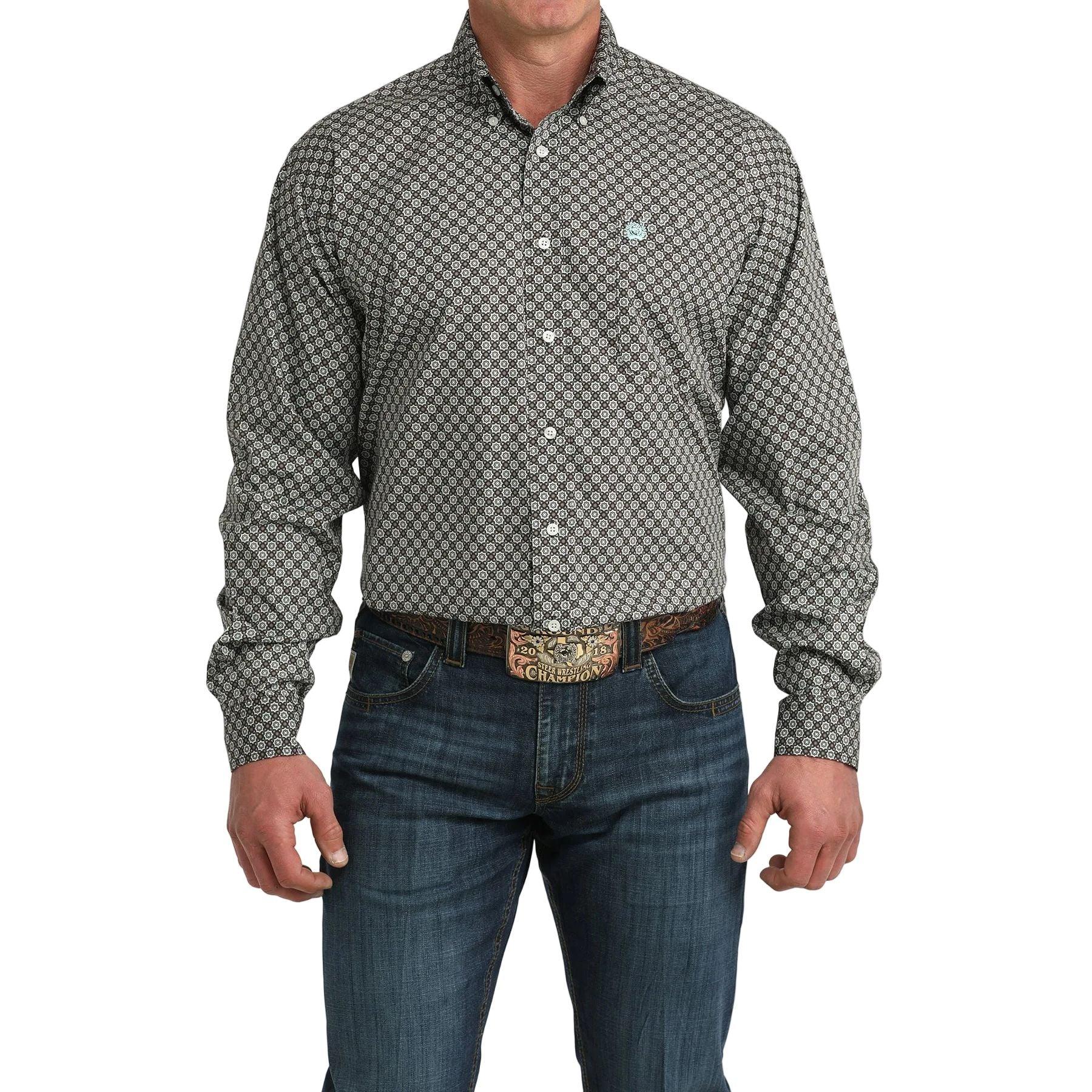 Men's Cinch Long Sleeve Brown Geo Printed Button Down Shirt MTW1106064