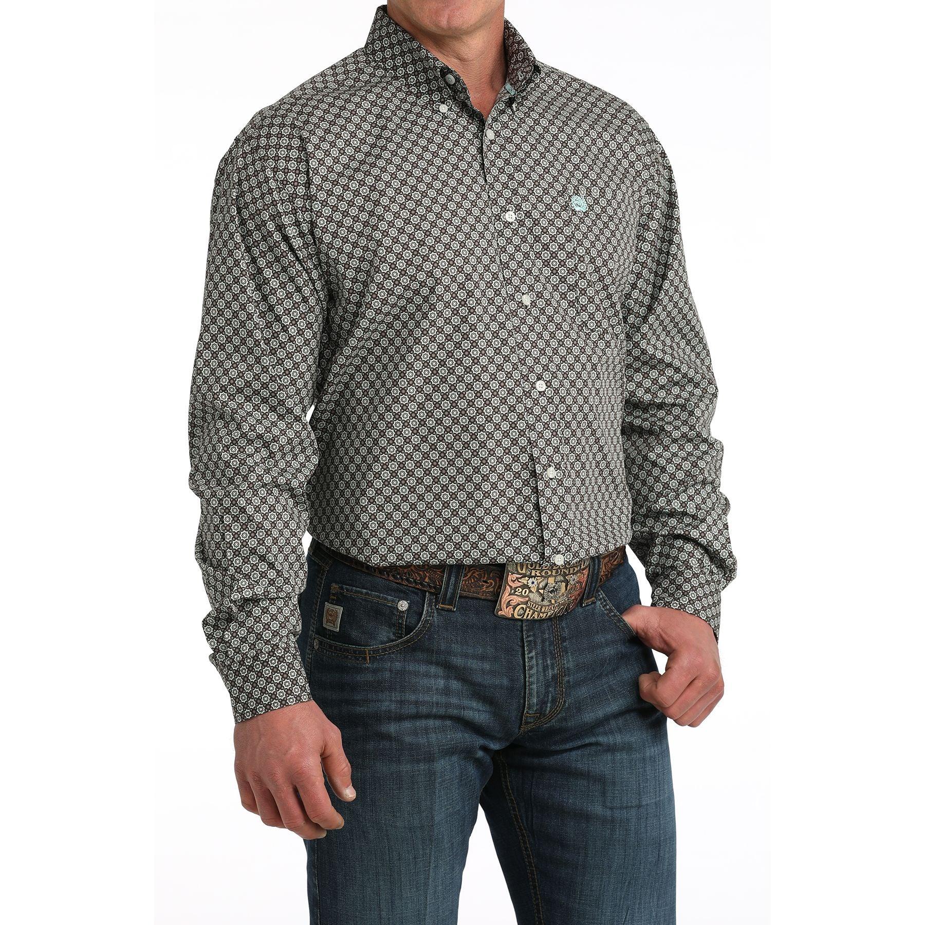 Men's Cinch Long Sleeve Brown Geo Printed Button Down Shirt MTW1106064