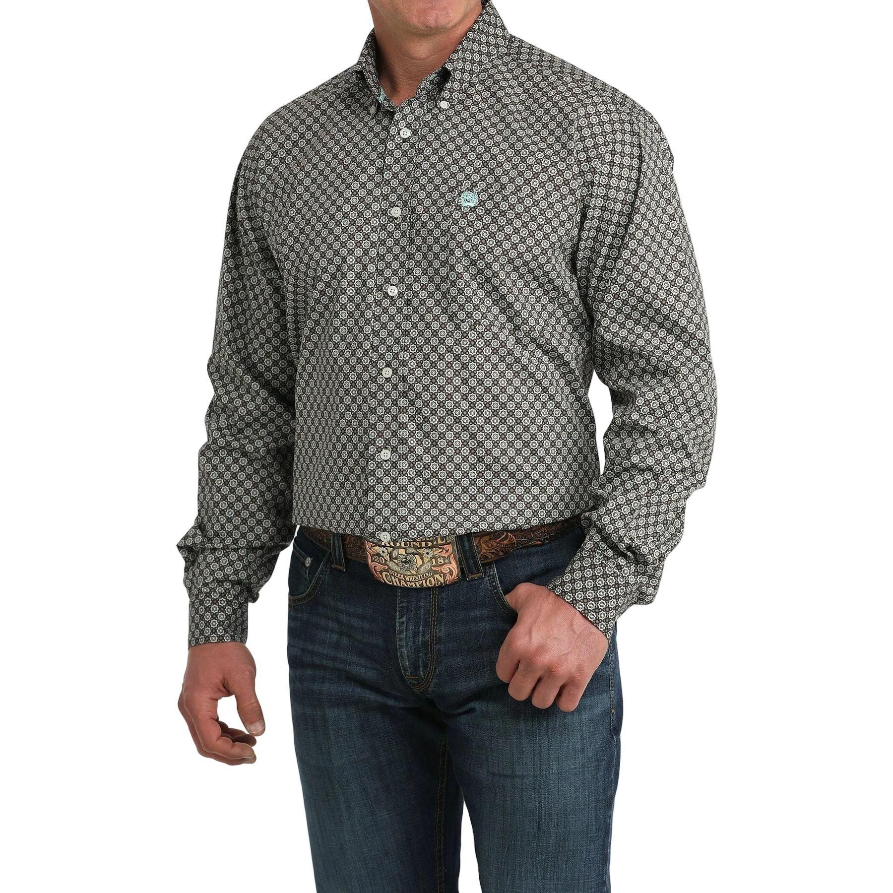 Men's Cinch Long Sleeve Brown Geo Printed Button Down Shirt MTW1106064