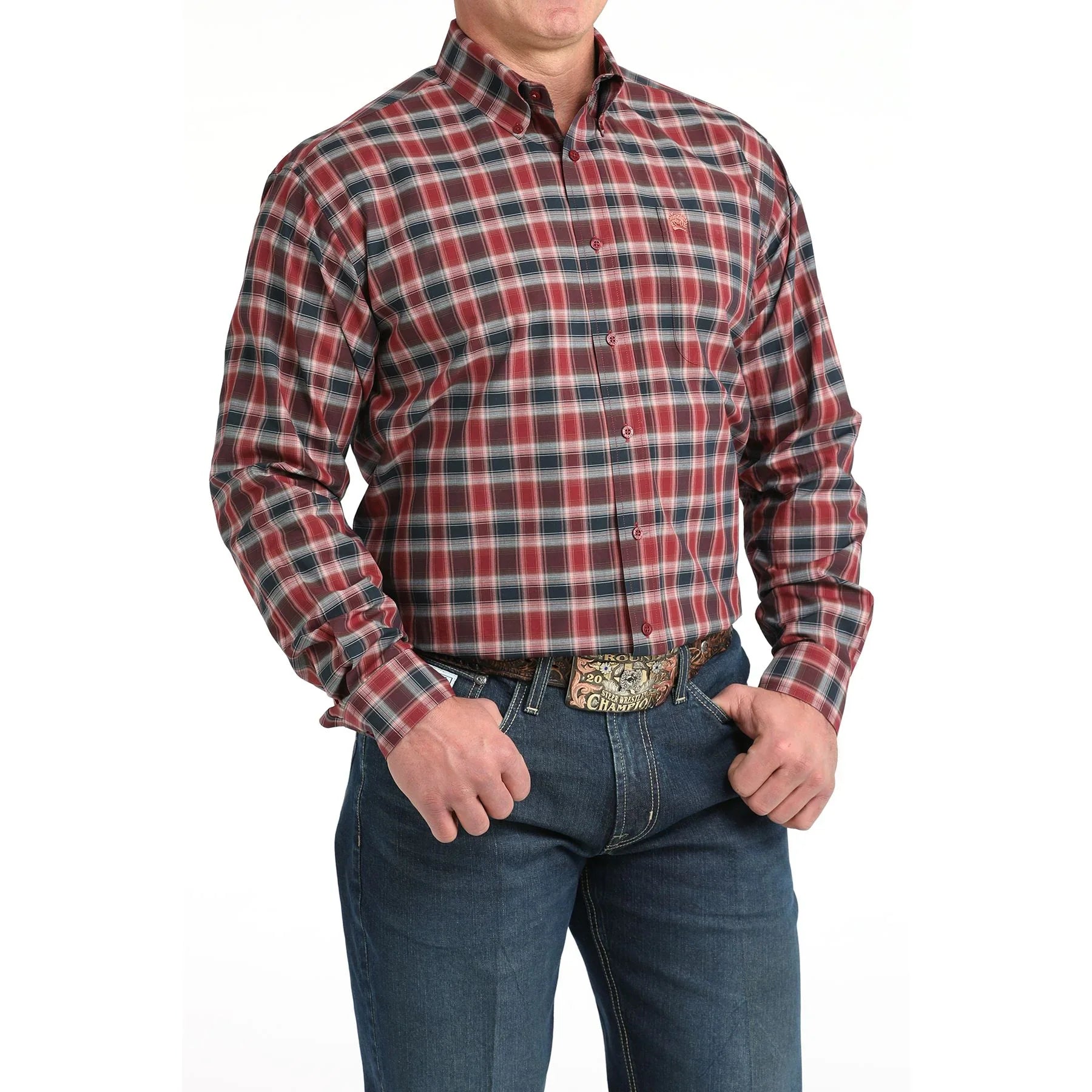 Men's Cinch Long Sleeve Burgundy Plaid Button Up Shirt MTW1106027