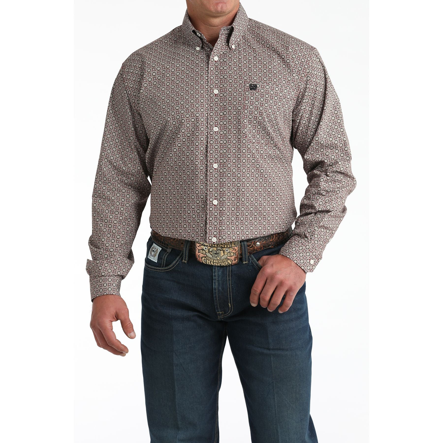 Men's Cinch Long Sleeve Burgundy Printed Button Up Shirt MTW1106025