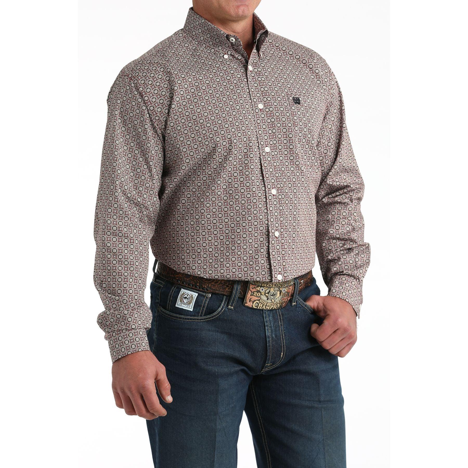 Men's Cinch Long Sleeve Burgundy Printed Button Up Shirt MTW1106025