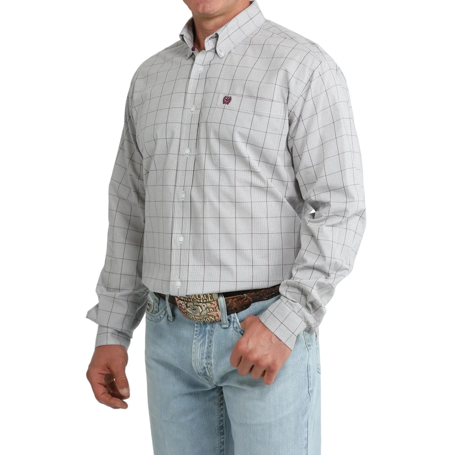 Men's Cinch Long Sleeve Gray Plaid Button Down Shirt MTW1106111