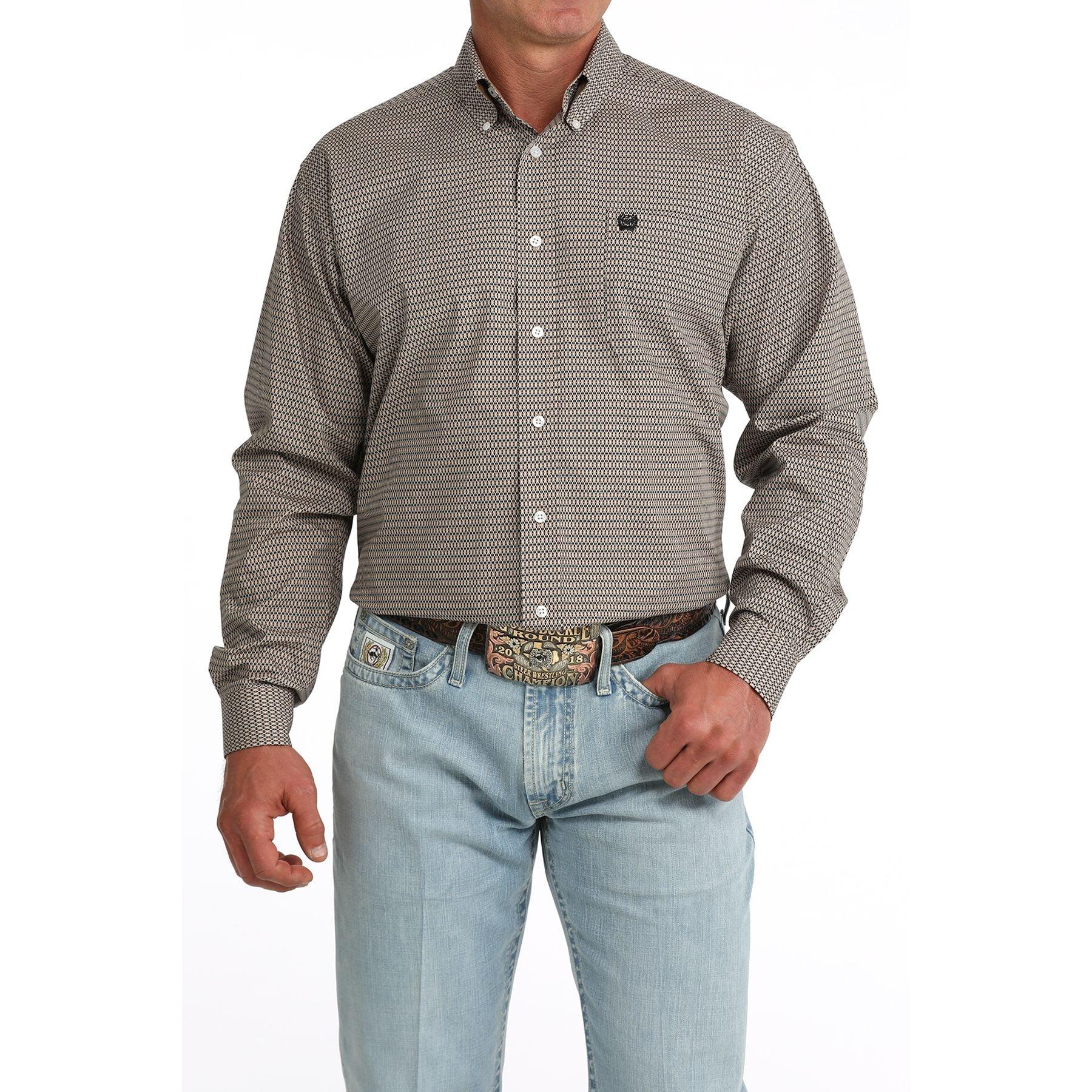 Men's Cinch Long Sleeve Khaki Printed Button Up Shirt MTW1106089