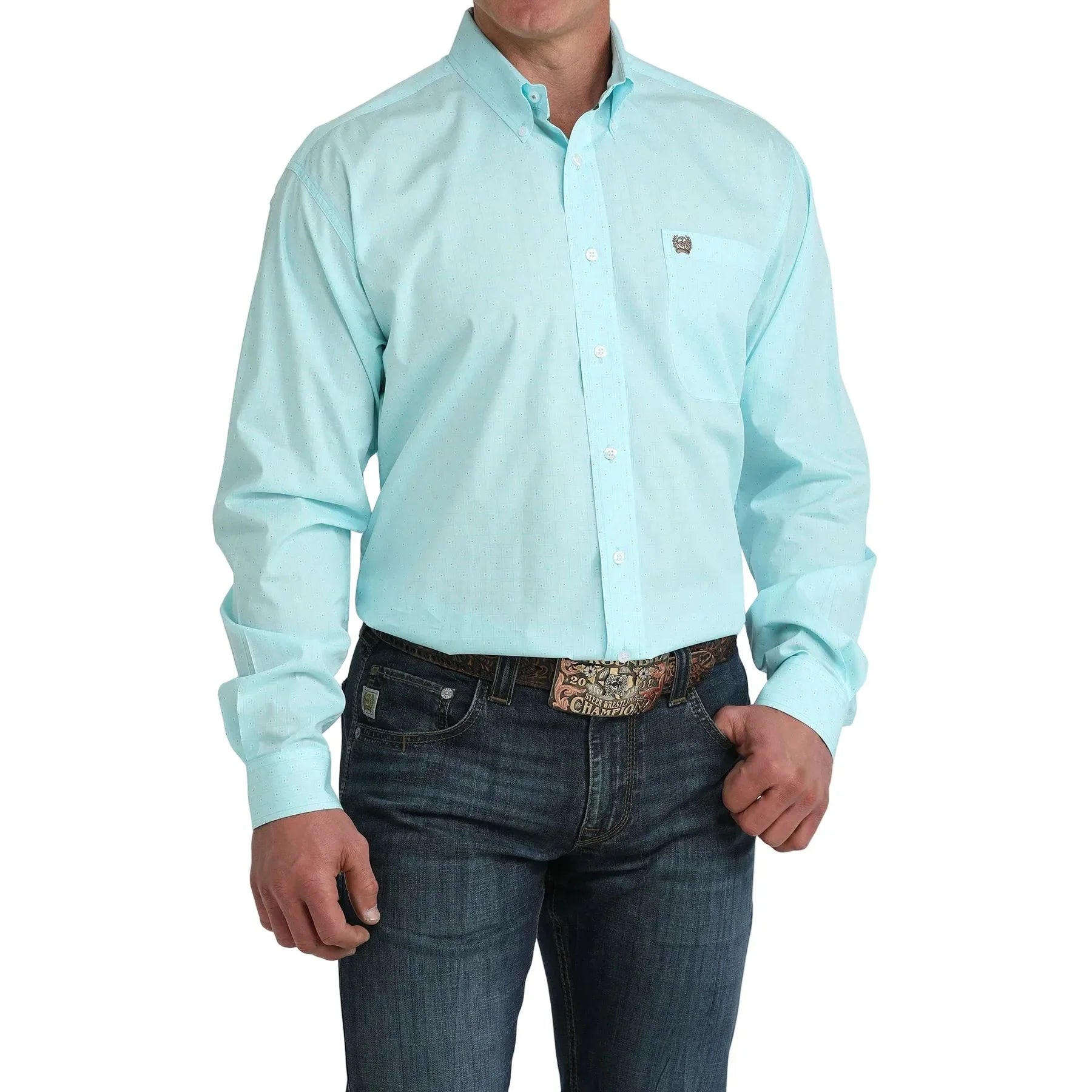 Men's Cinch Long Sleeve Light Blue Printed Button Down Shirt MTW1106062