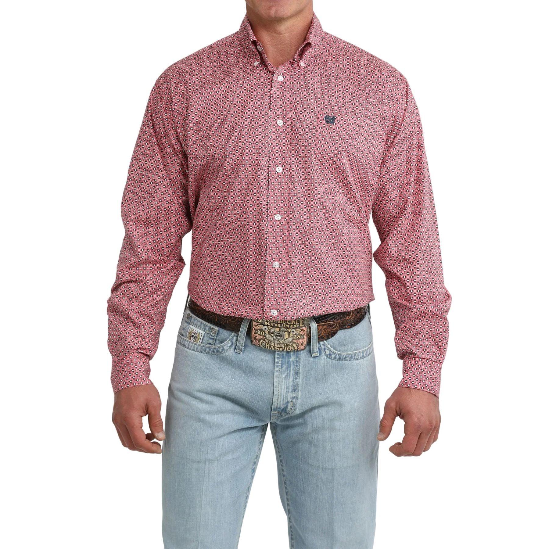 Men's Cinch Long Sleeve Pink Geo Print Button Down Shirt MTW1106100