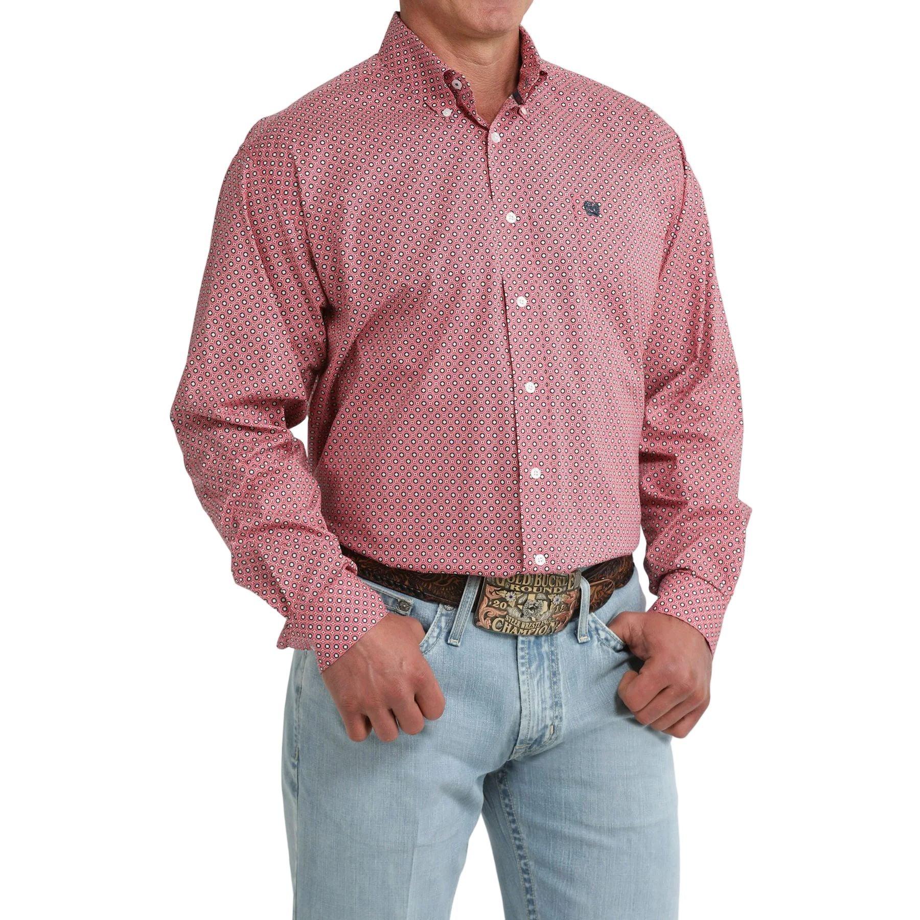 Men's Cinch Long Sleeve Pink Geo Print Button Down Shirt MTW1106100