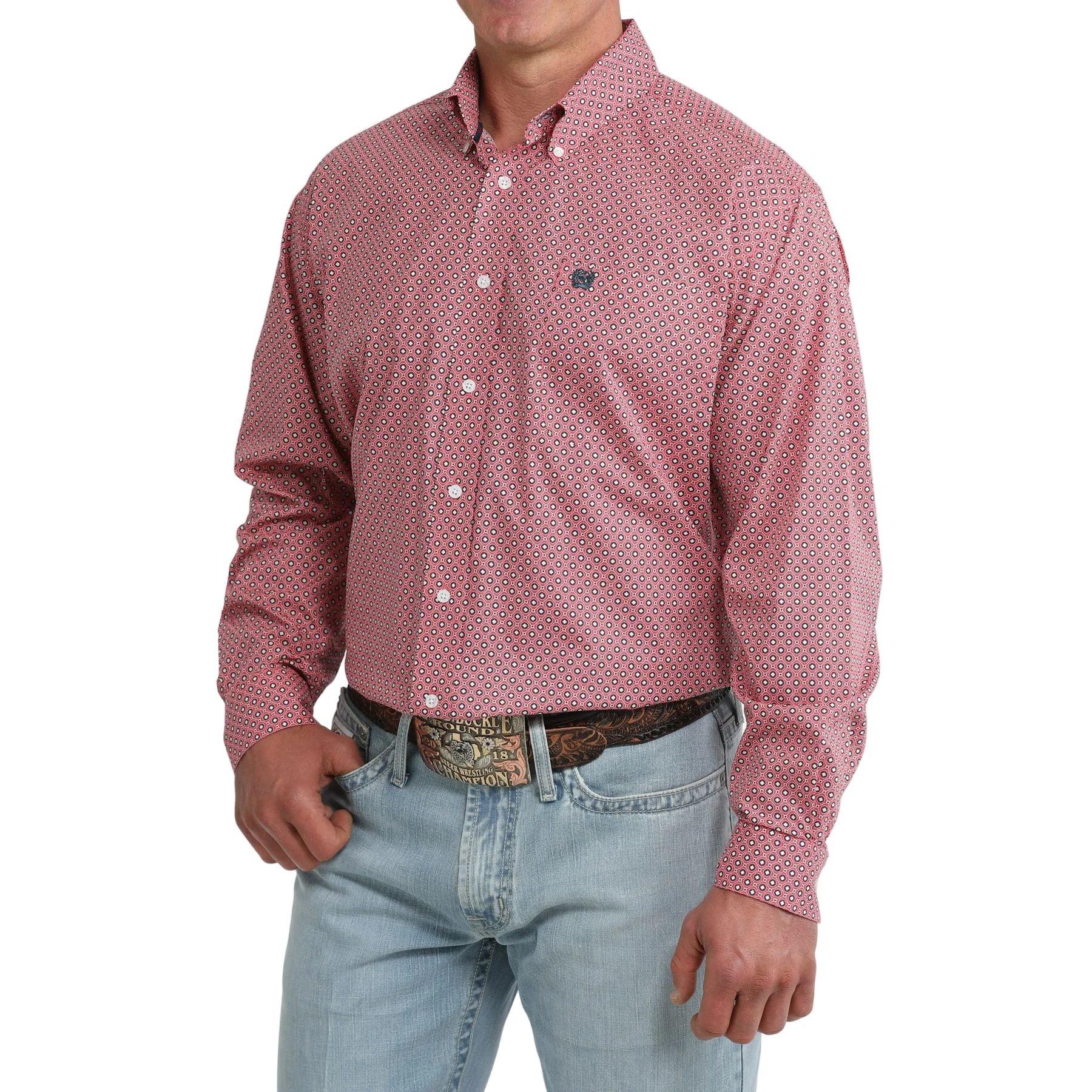 Men's Cinch Long Sleeve Pink Geo Print Button Down Shirt MTW1106100