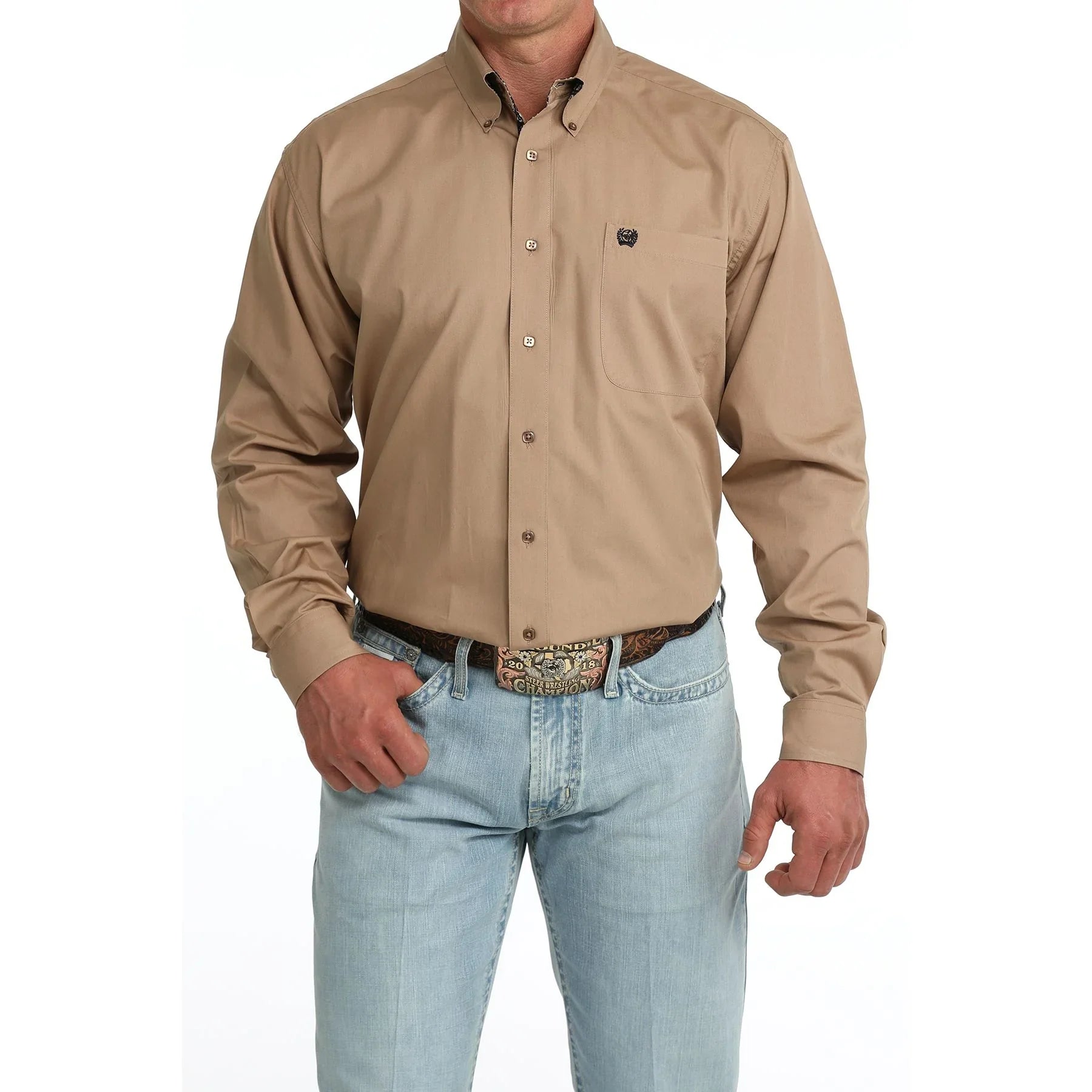 Men's Cinch Long Sleeve Solid Khaki Button Up Shirt MTW1106090