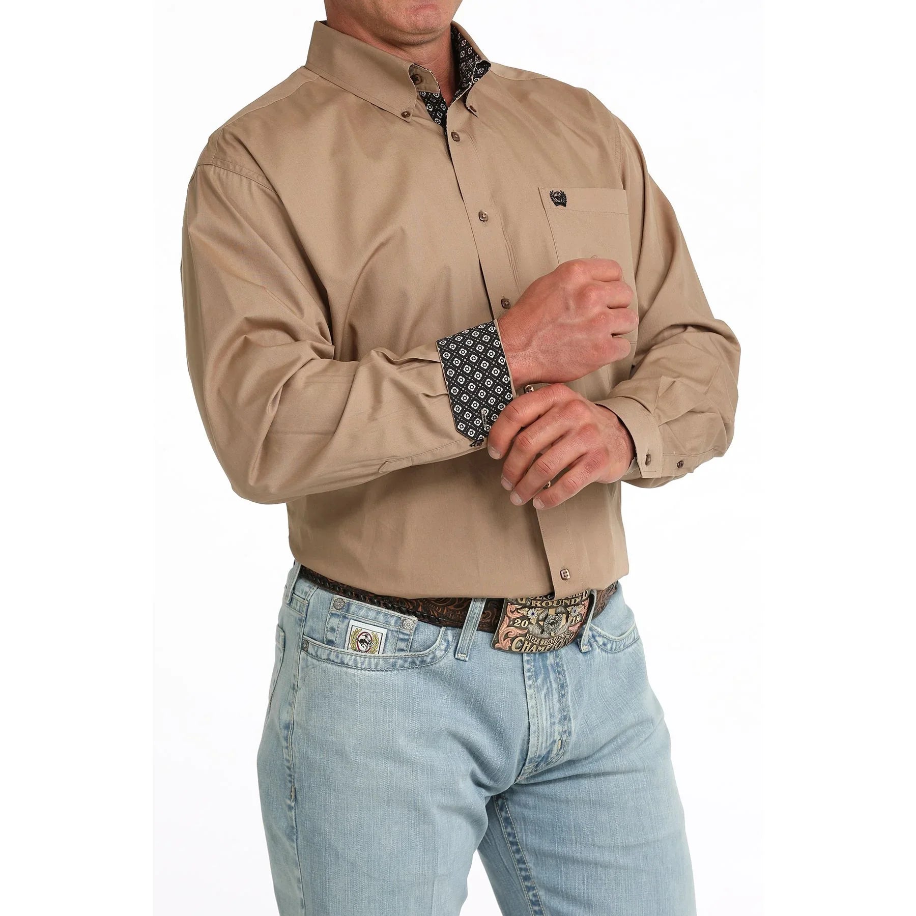 Men's Cinch Long Sleeve Solid Khaki Button Up Shirt MTW1106090
