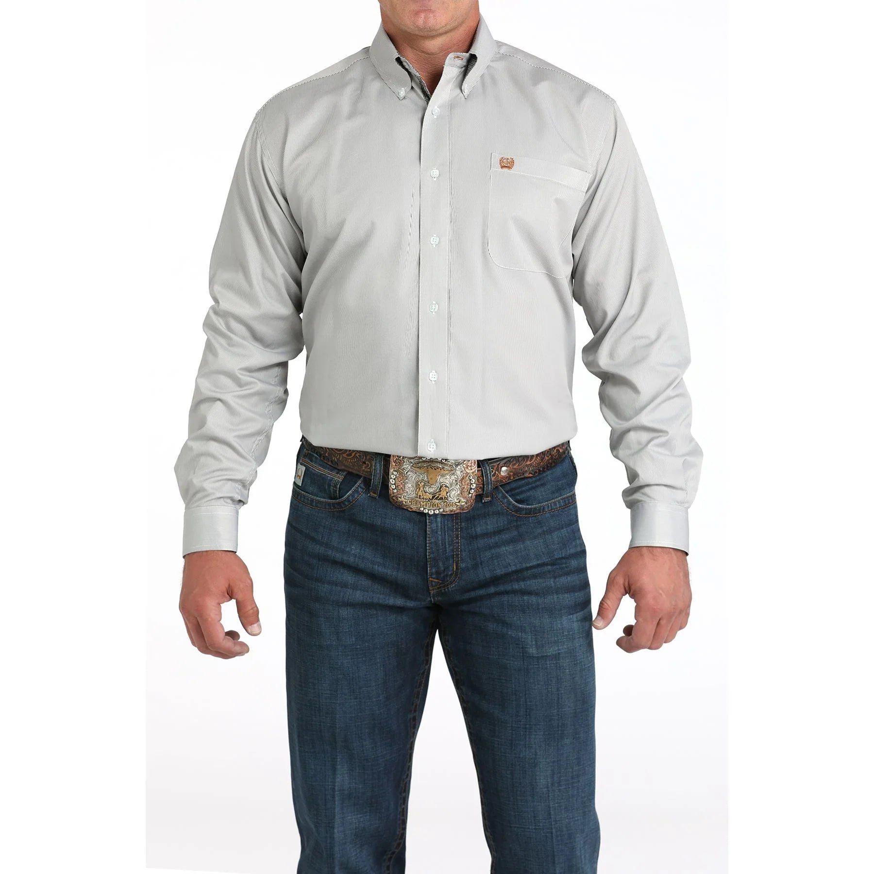 Men's Cinch Long Sleeve Striped Olive Button Down Shirt MTW1105982