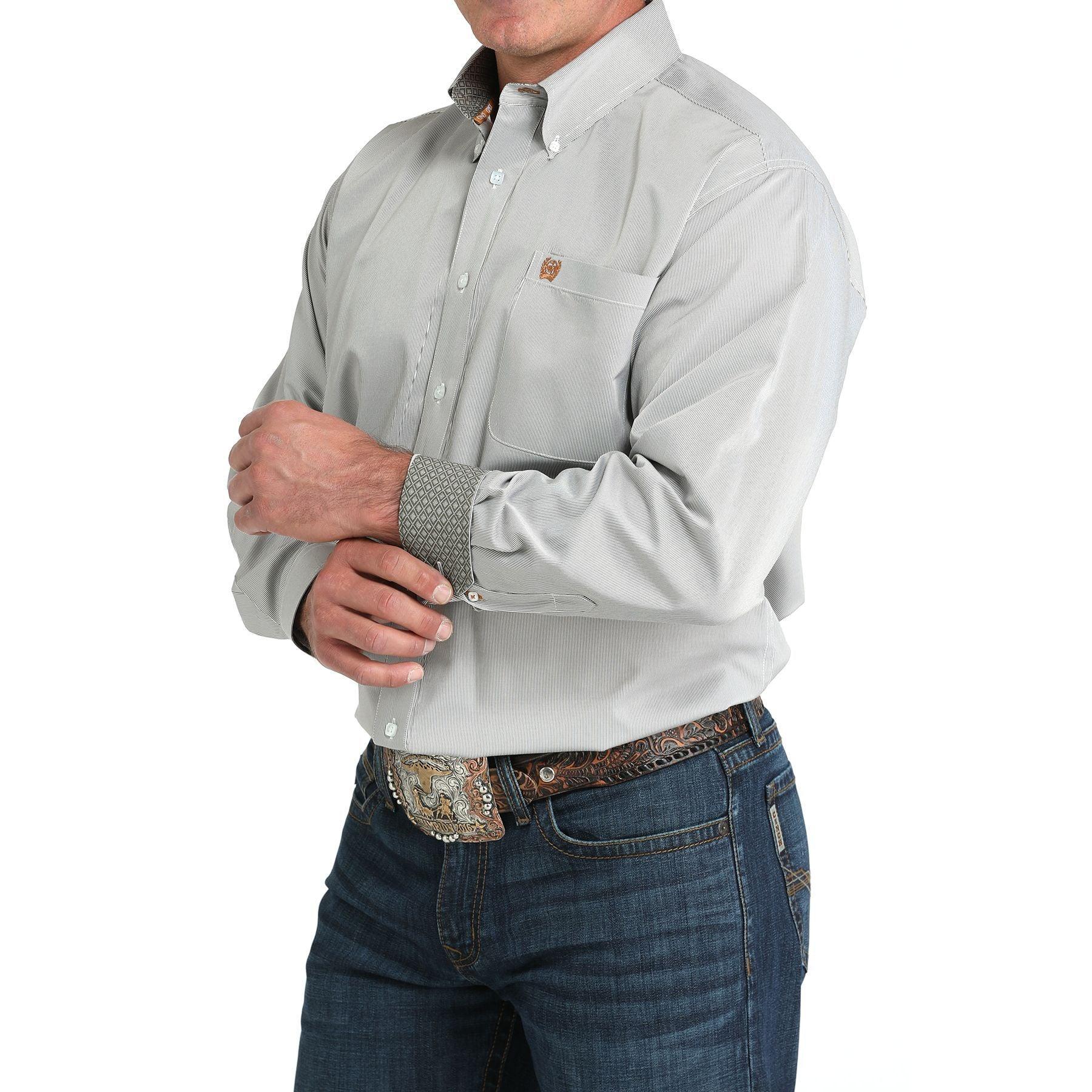 Men's Cinch Long Sleeve Striped Olive Button Down Shirt MTW1105982