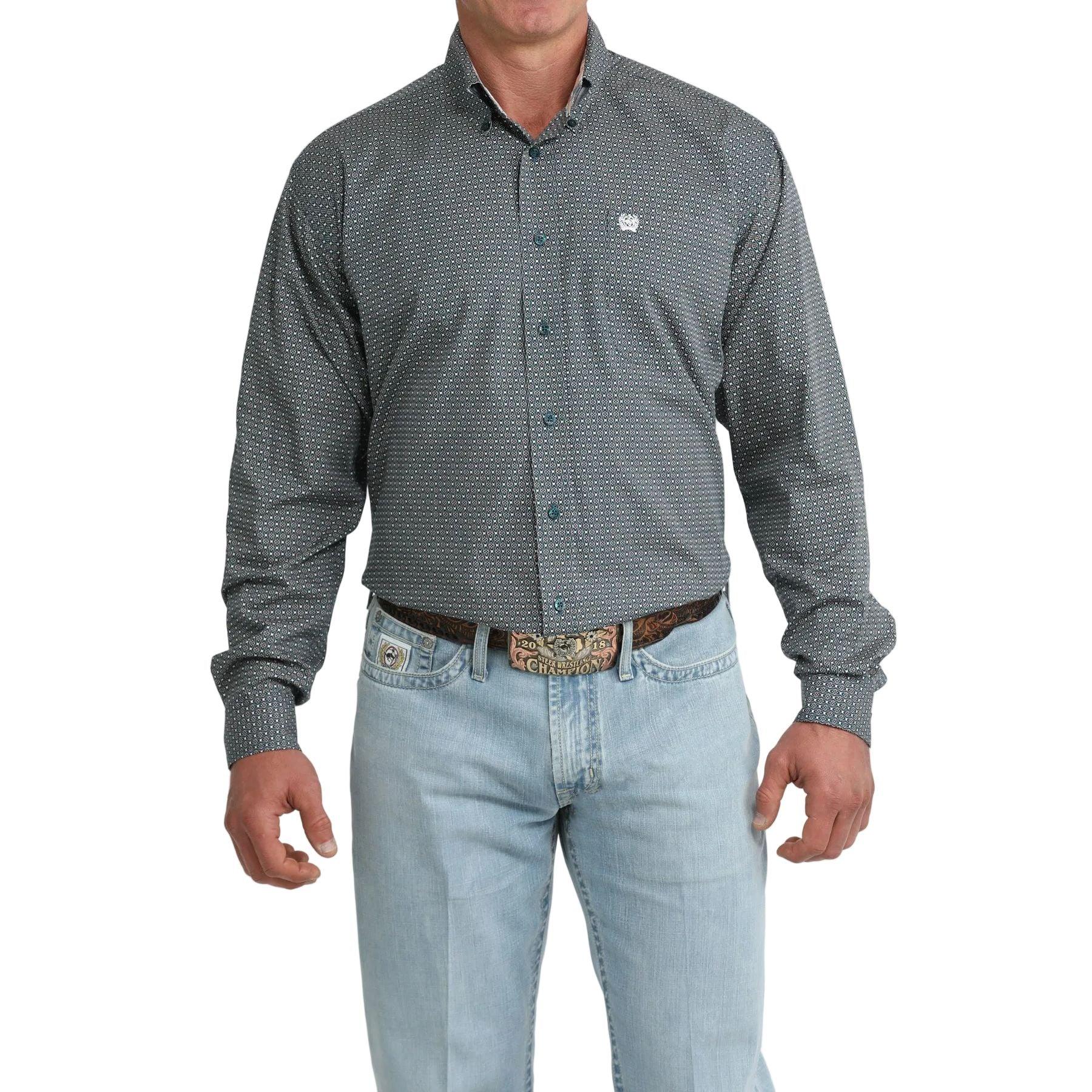 Men's Cinch Long Sleeve Teal Printed Button Down Shirt MTW1106104