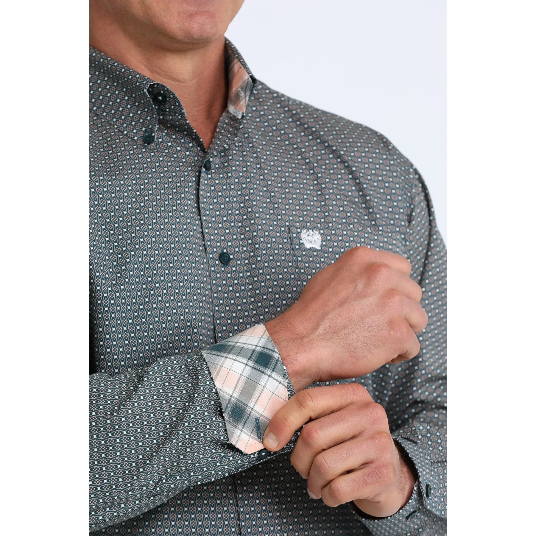 Men's Cinch Long Sleeve Teal Printed Button Down Shirt MTW1106104