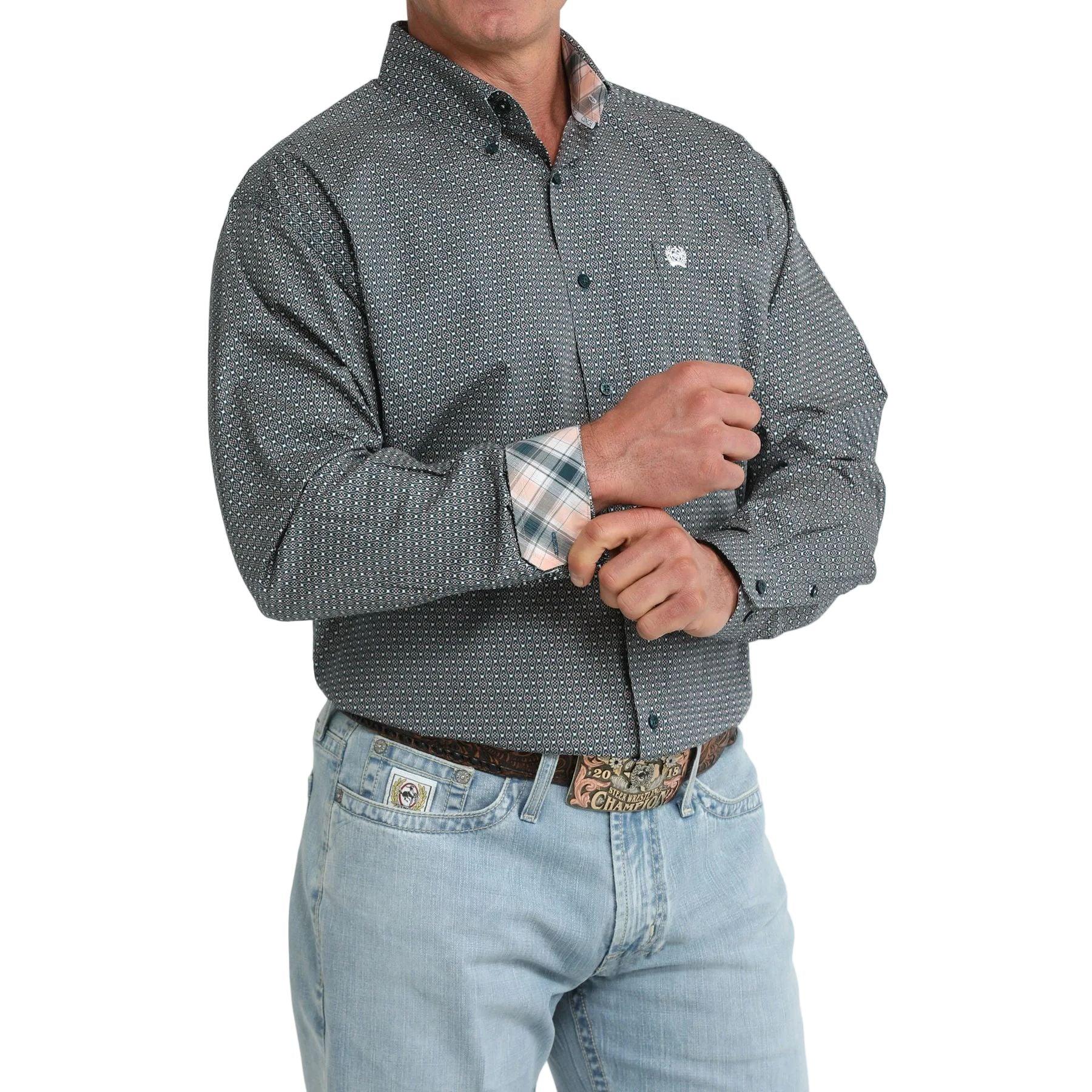 Men's Cinch Long Sleeve Teal Printed Button Down Shirt MTW1106104