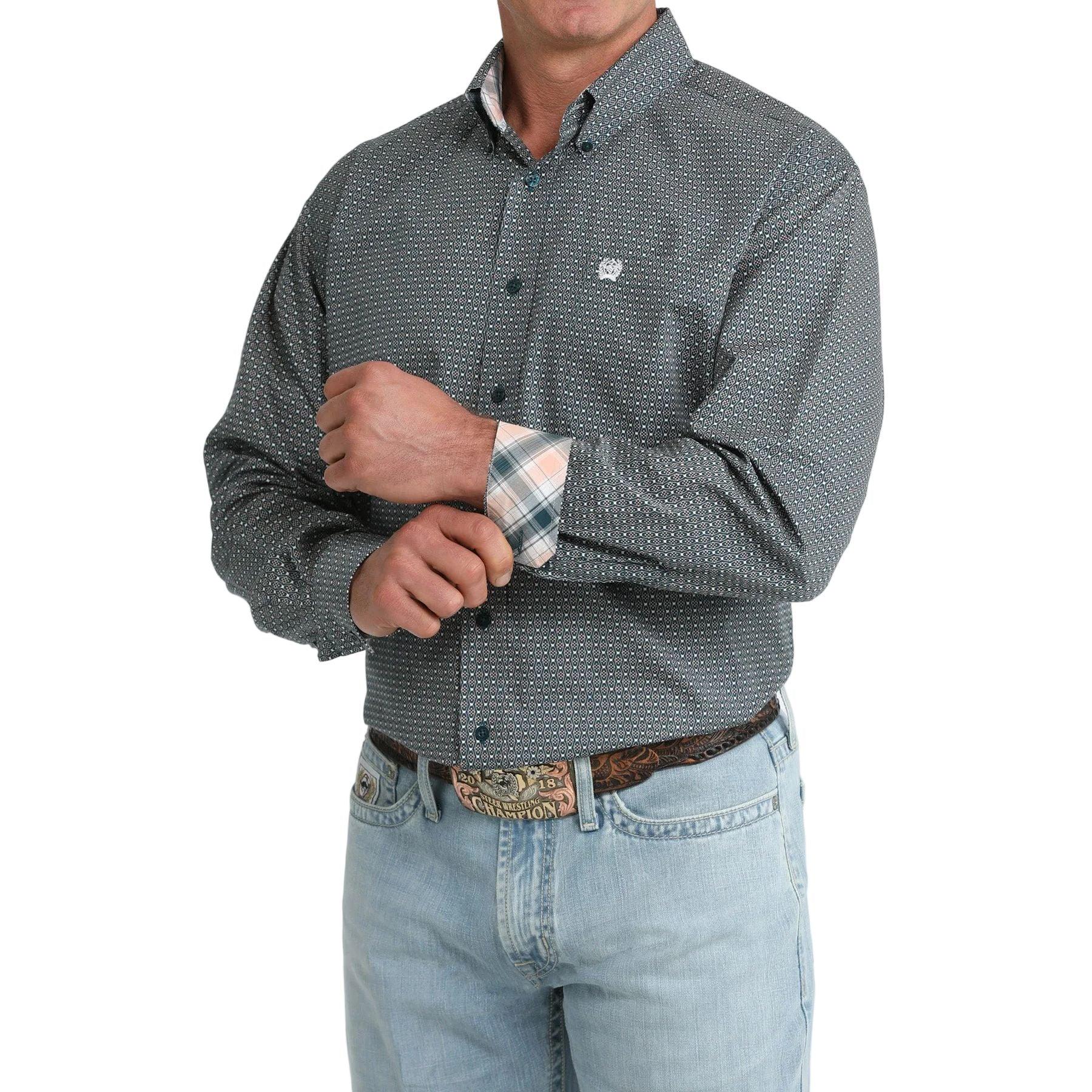Men's Cinch Long Sleeve Teal Printed Button Down Shirt MTW1106104