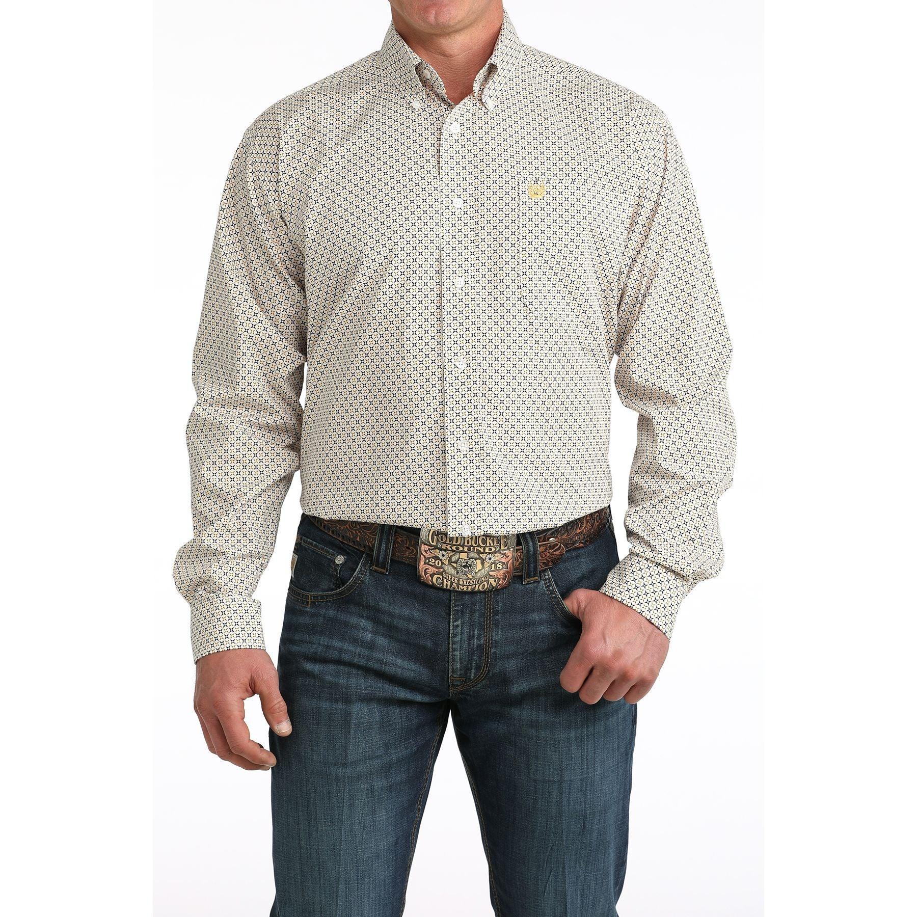 Men's Cinch Long Sleeve White and Printed Button Down Shirt MTW1106069