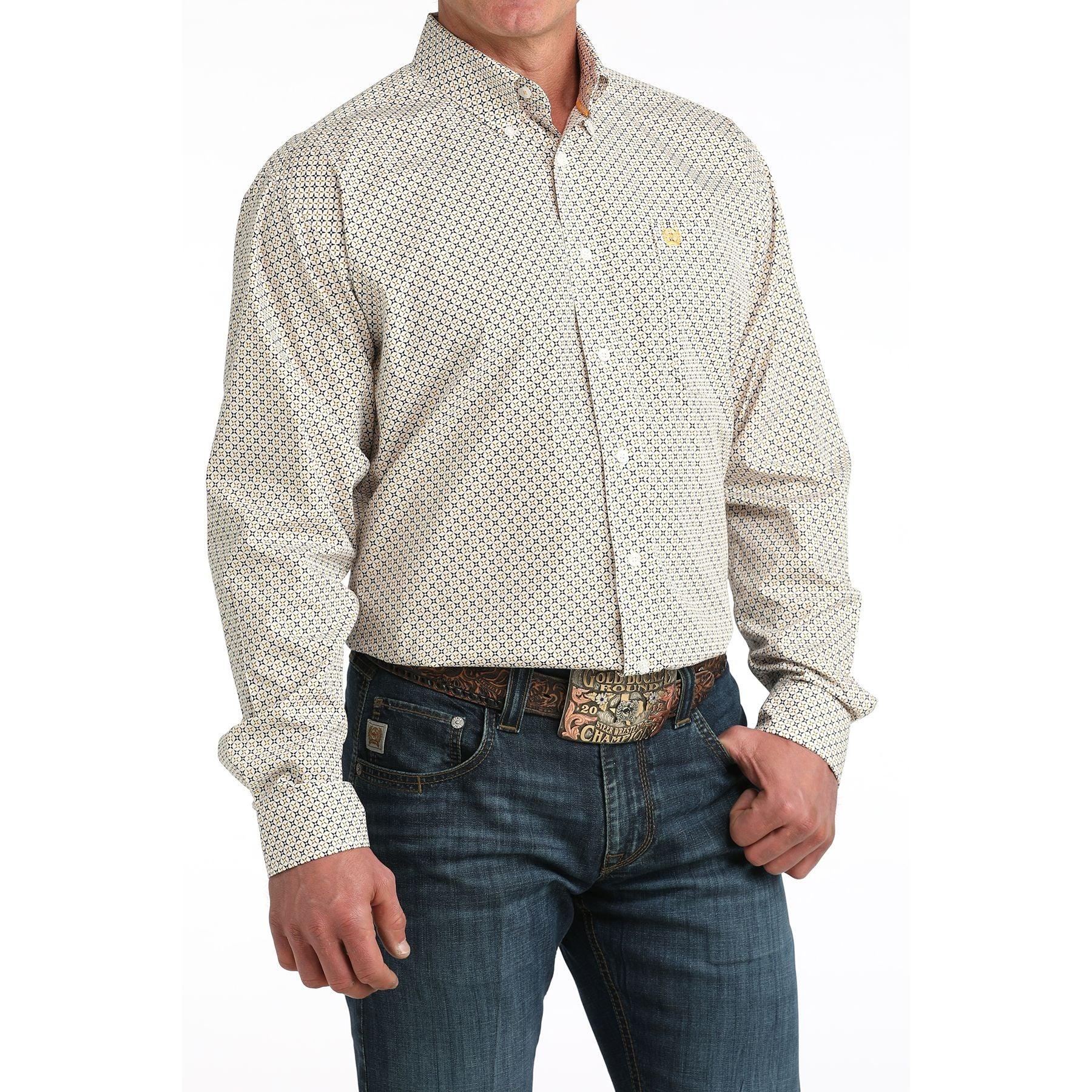 Men's Cinch Long Sleeve White and Printed Button Down Shirt MTW1106069