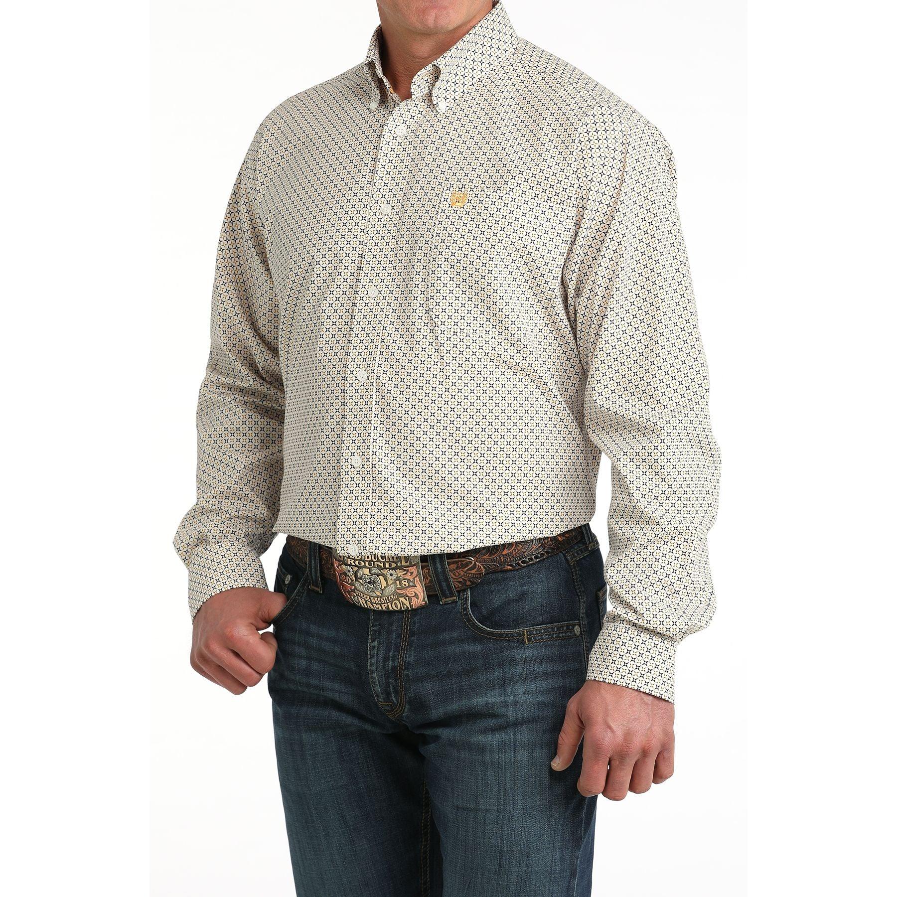 Men's Cinch Long Sleeve White and Printed Button Down Shirt MTW1106069