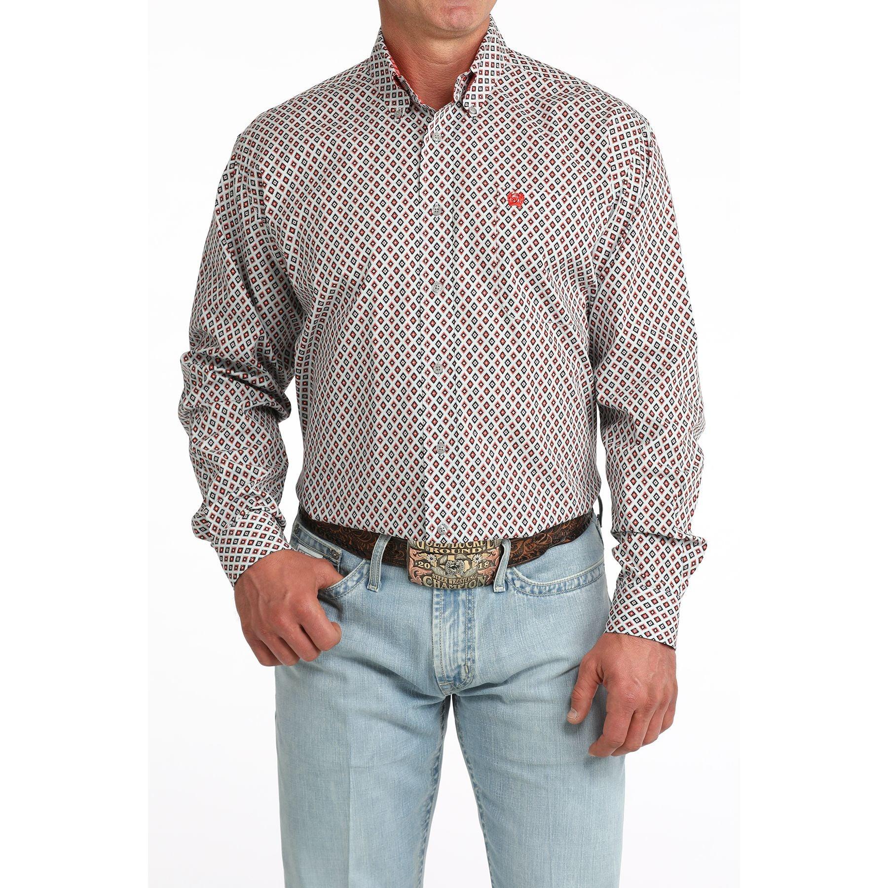 Men's Cinch Long Sleeve White Geo Print Button Up Shirt MTW1106093