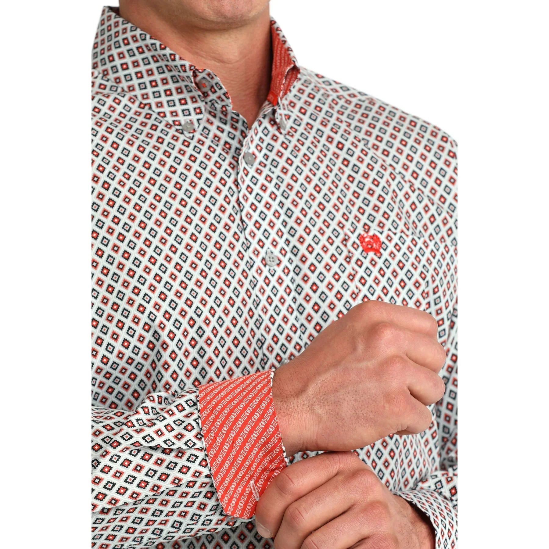 Men's Cinch Long Sleeve White Geo Print Button Up Shirt MTW1106093