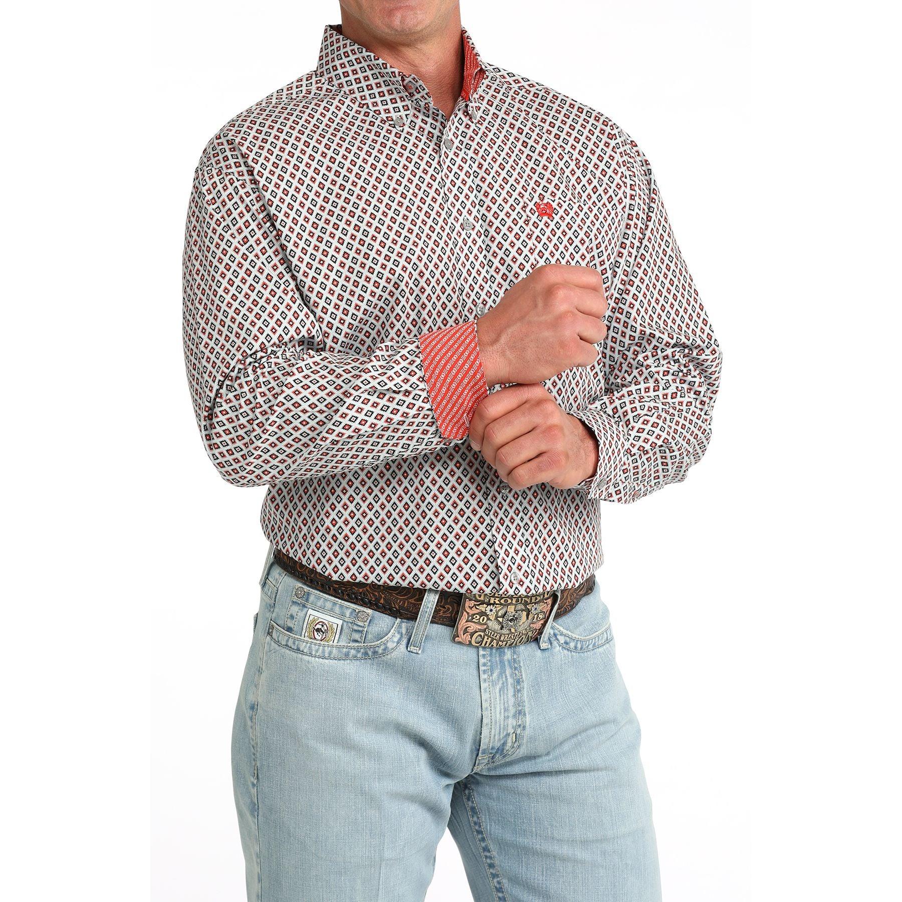 Men's Cinch Long Sleeve White Geo Print Button Up Shirt MTW1106093