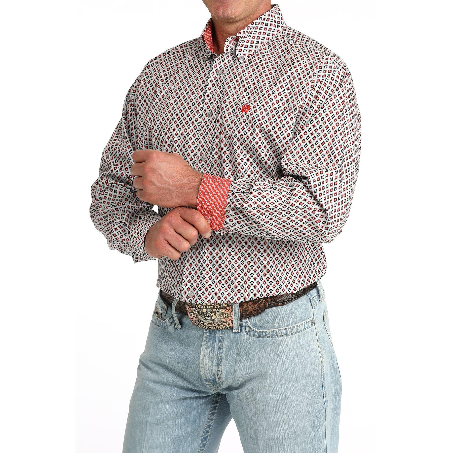 Men's Cinch Long Sleeve White Geo Print Button Up Shirt MTW1106093