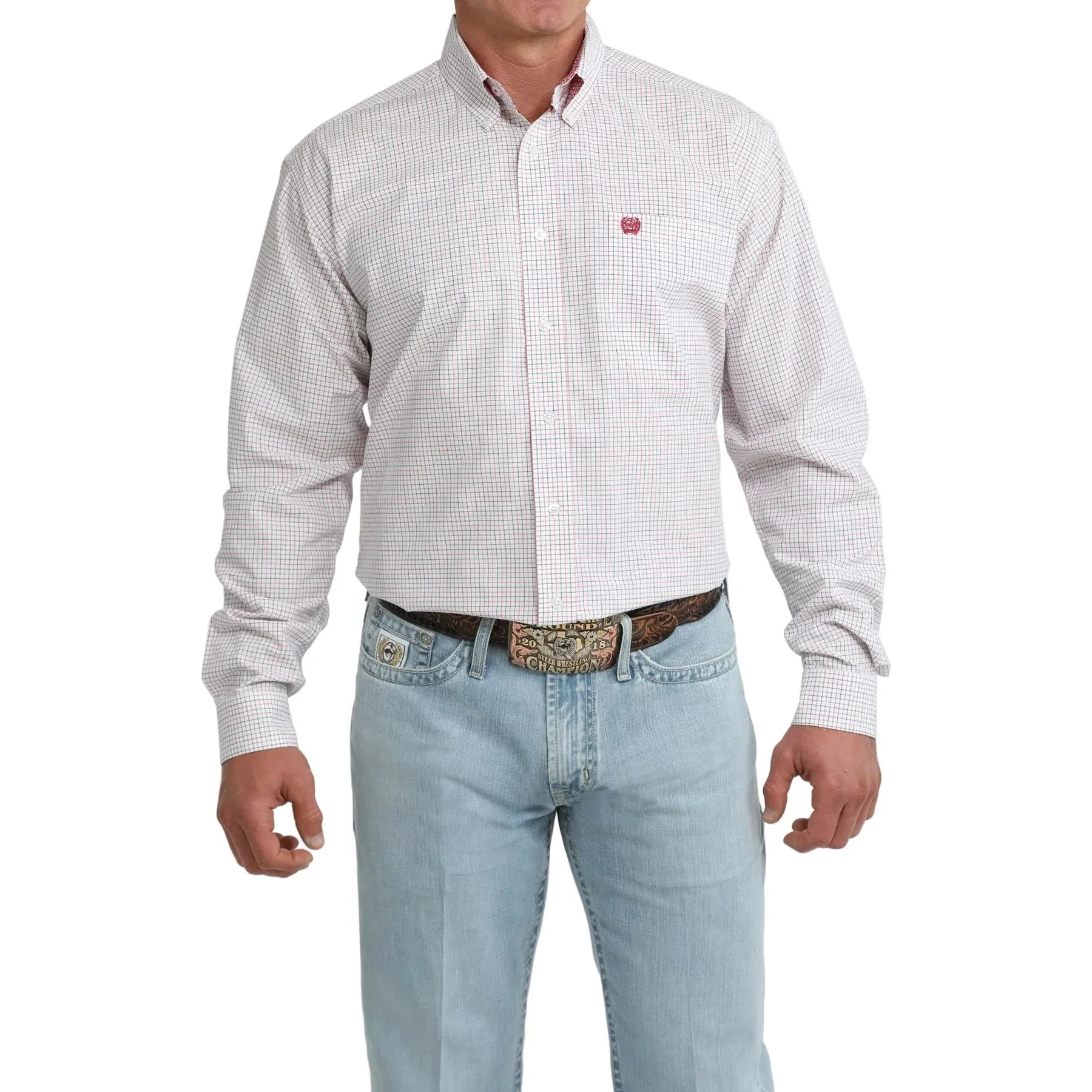 Men's Cinch Long Sleeve White Plaid Button Up Shirt MTW1106099