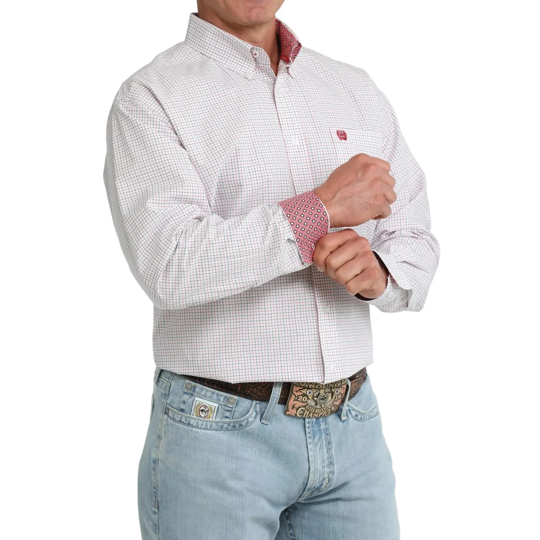 Men's Cinch Long Sleeve White Plaid Button Up Shirt MTW1106099