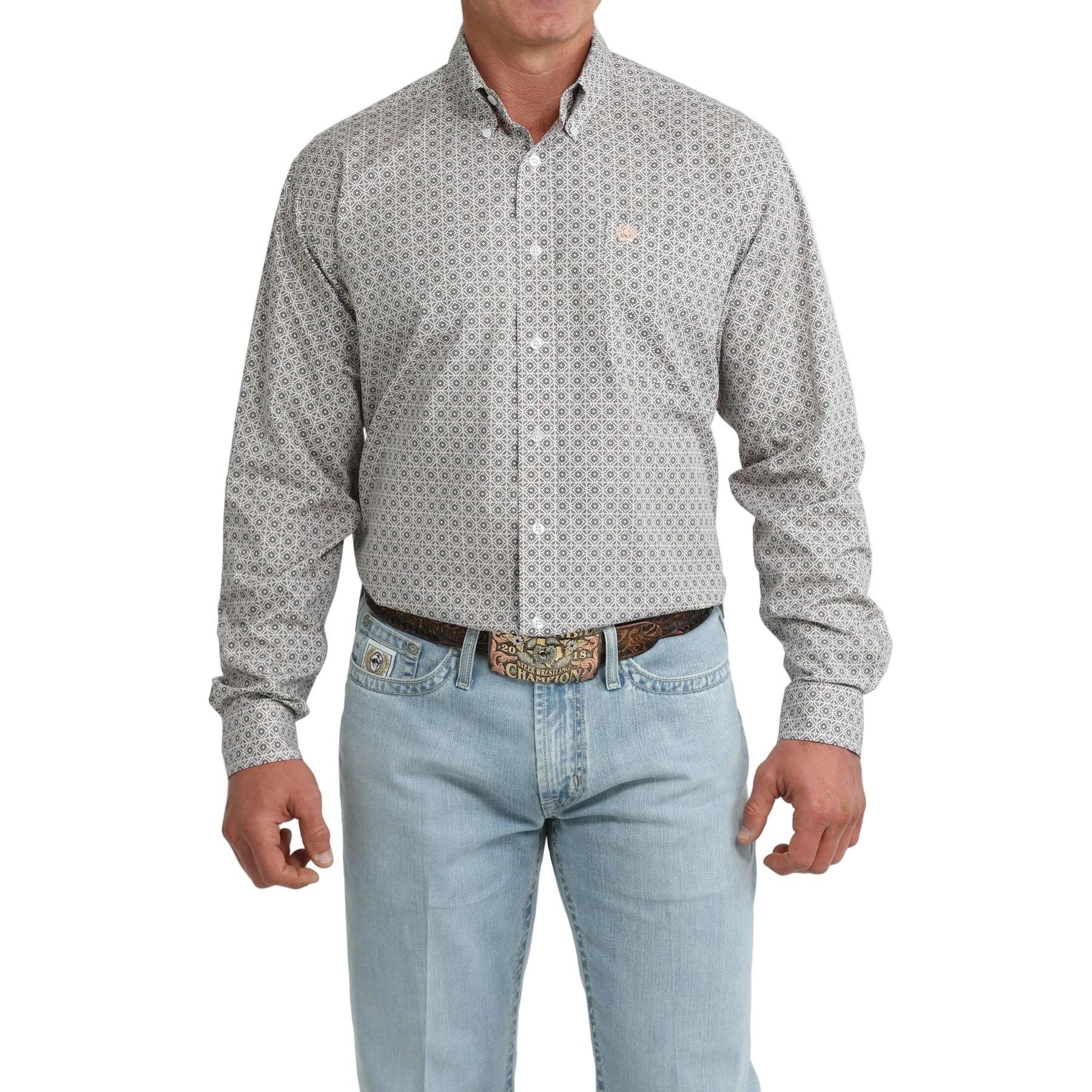 Men's Cinch Long Sleeve White Printed Button Up Shirt MTW1106102