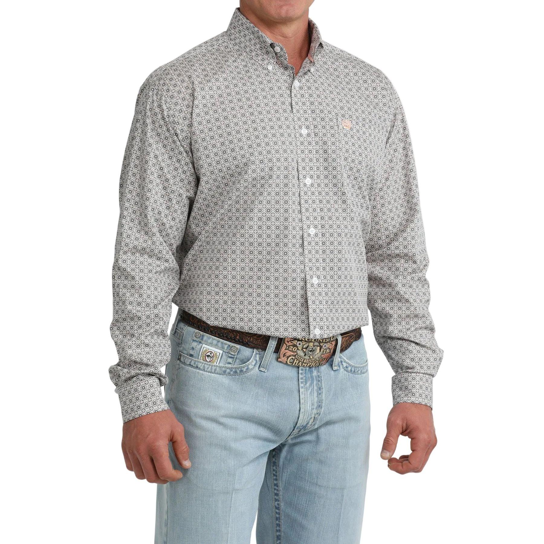 Men's Cinch Long Sleeve White Printed Button Up Shirt MTW1106102