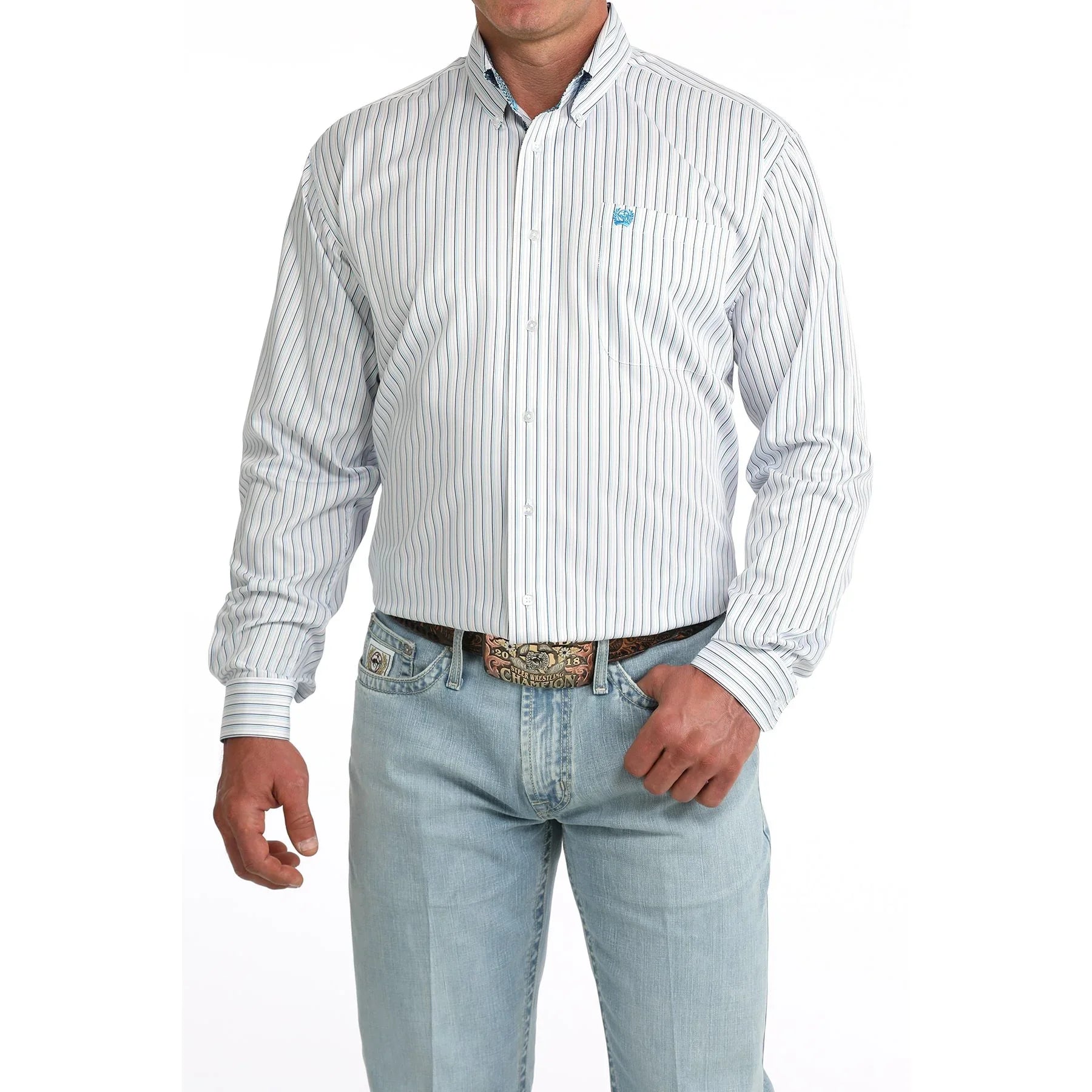 Men's Cinch Long Sleeve White Striped Button Down Shirt MTW1106085