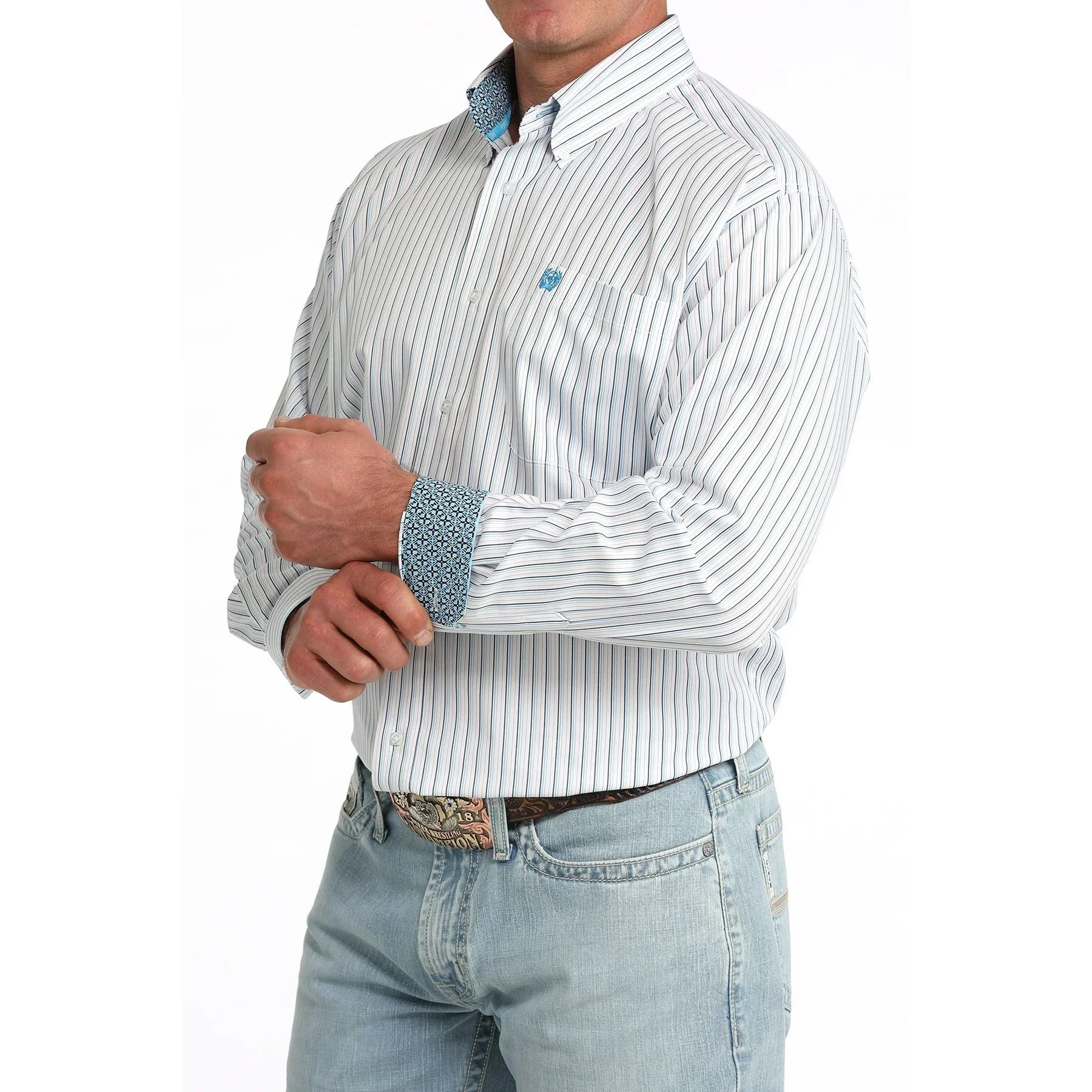 Men's Cinch Long Sleeve White Striped Button Down Shirt MTW1106085