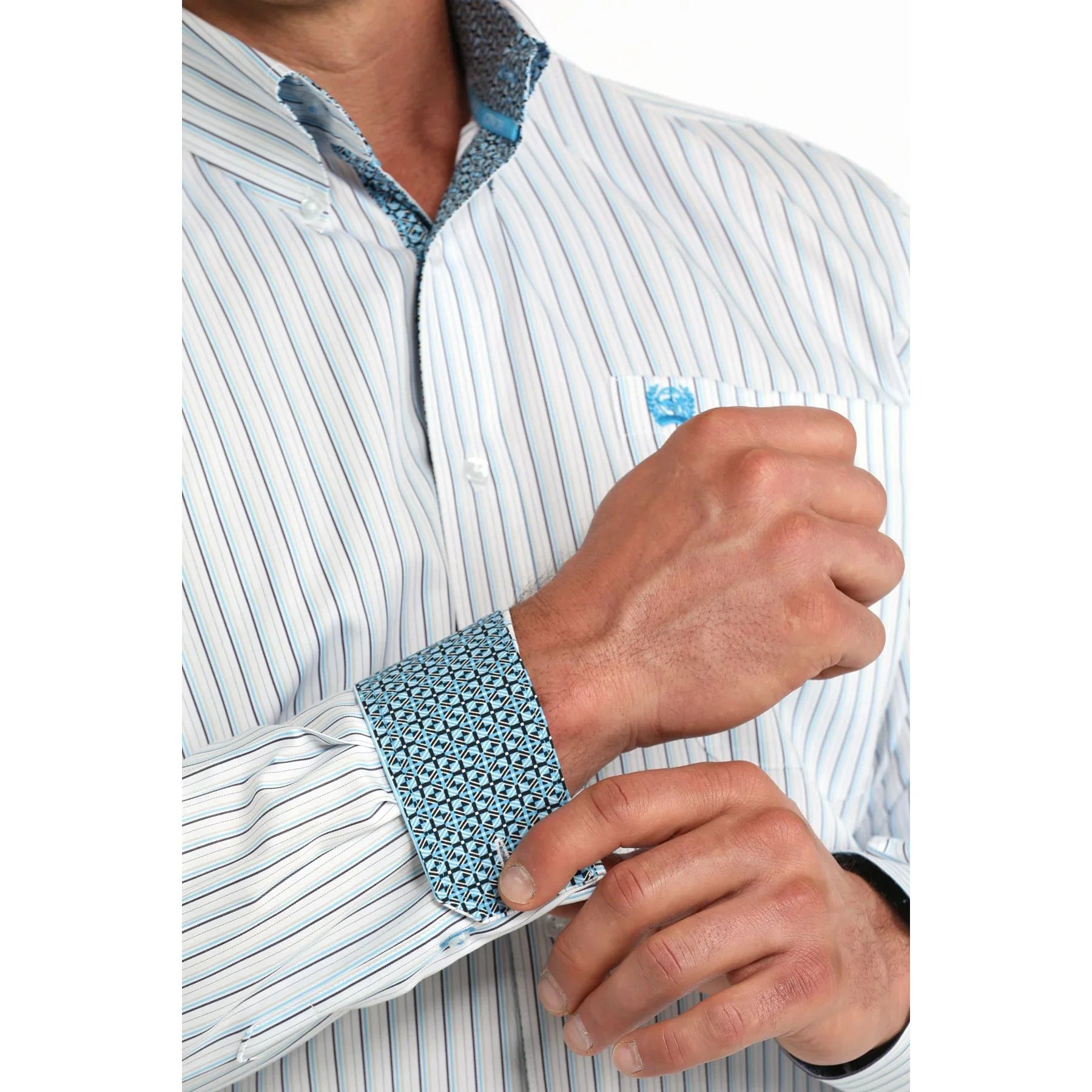 Men's Cinch Long Sleeve White Striped Button Down Shirt MTW1106085