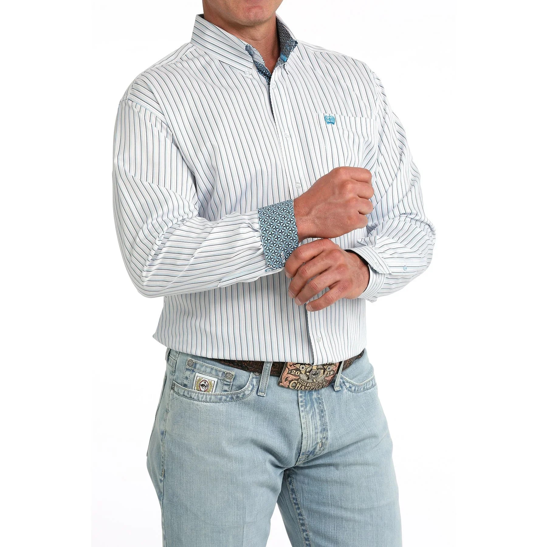 Men's Cinch Long Sleeve White Striped Button Down Shirt MTW1106085