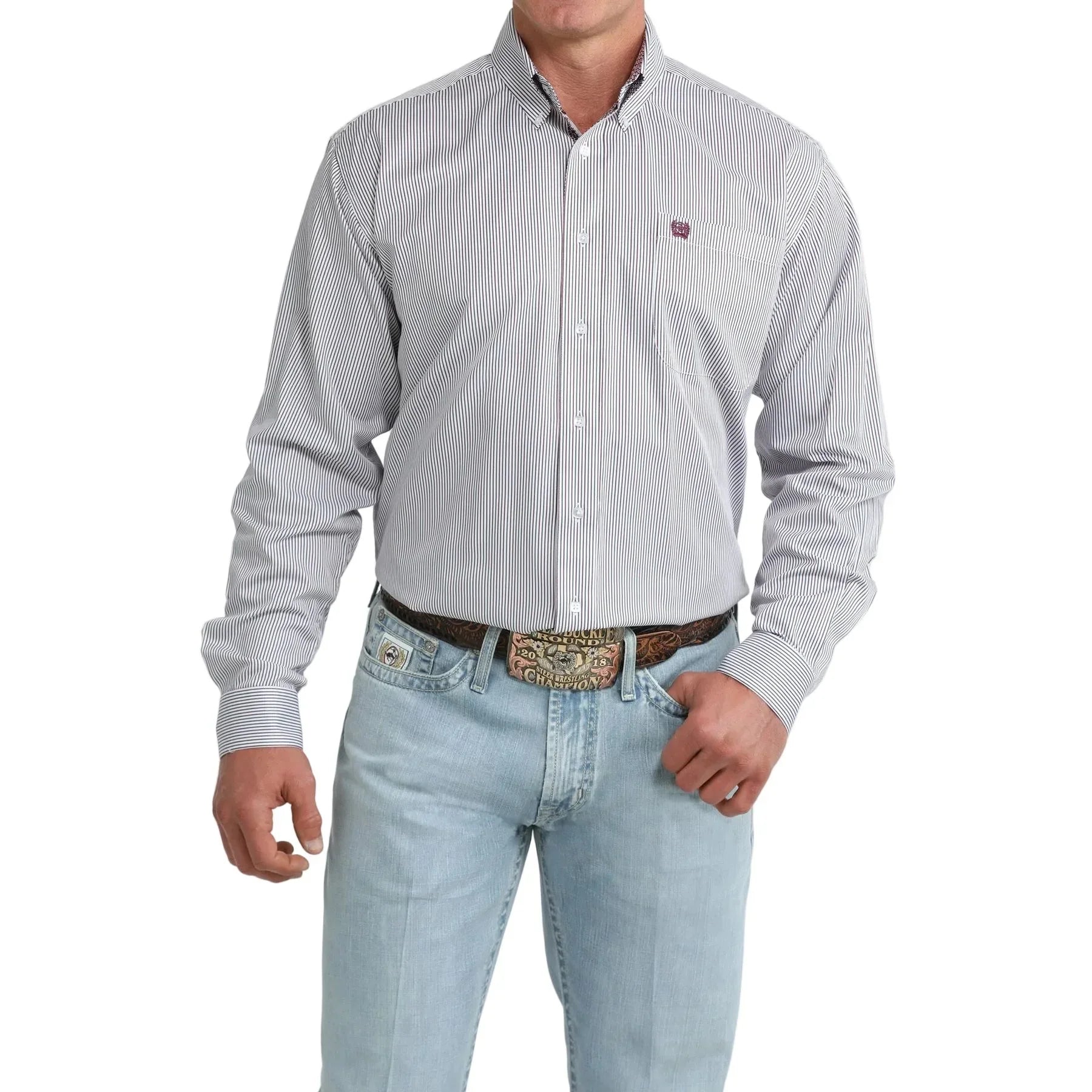 Men's Cinch Long Sleeve White Striped Button Down Shirt MTW1106107