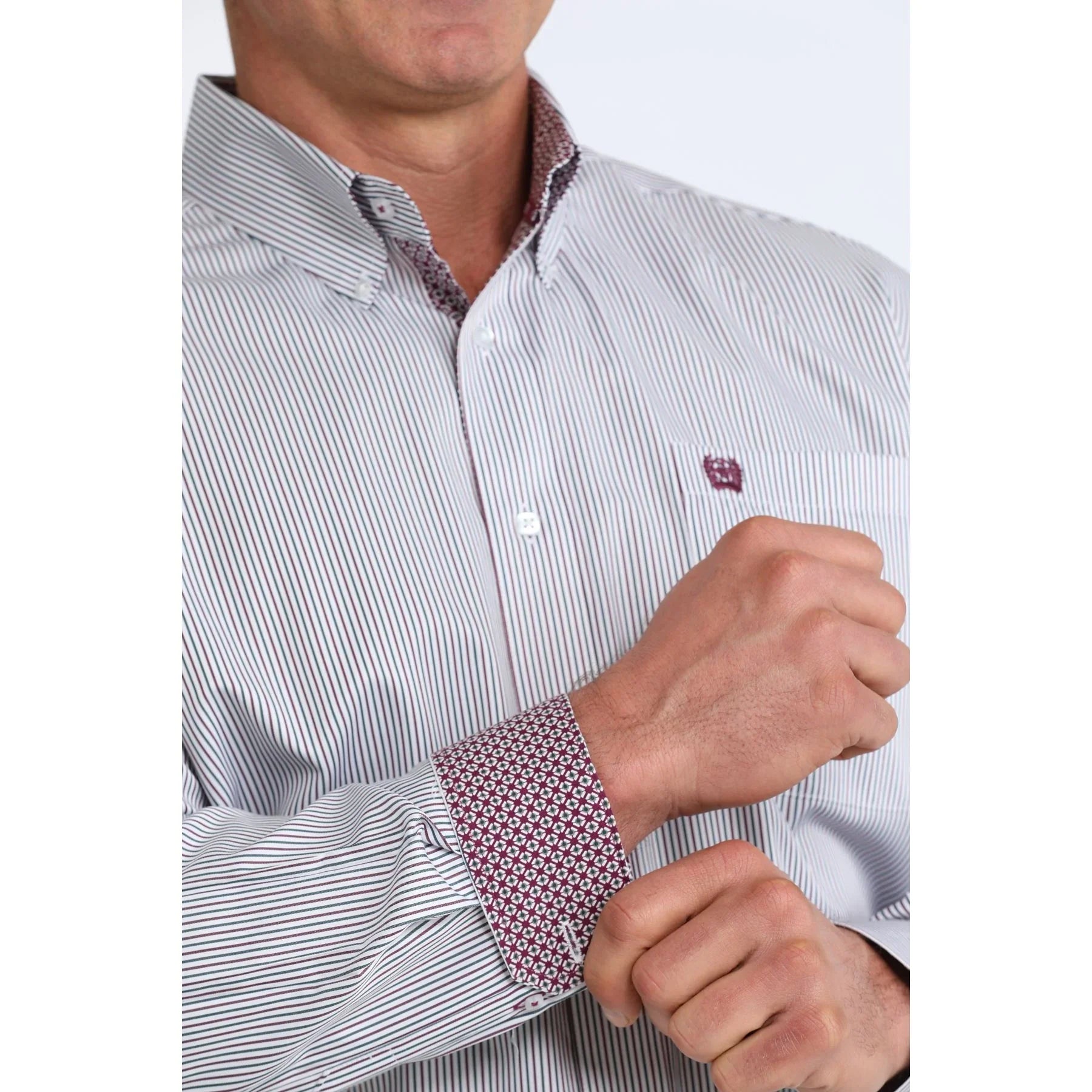 Men's Cinch Long Sleeve White Striped Button Down Shirt MTW1106107