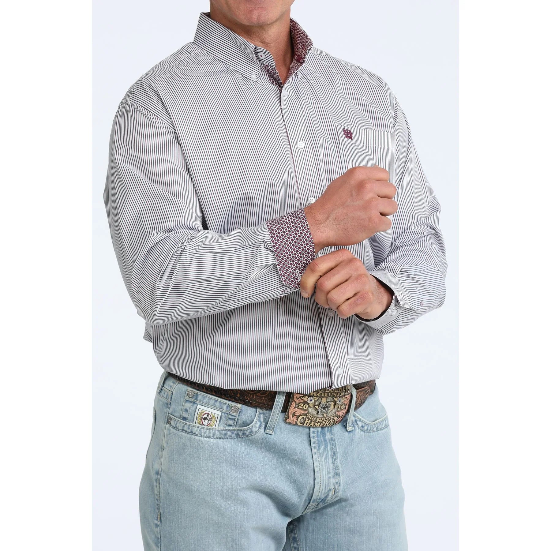 Men's Cinch Long Sleeve White Striped Button Down Shirt MTW1106107