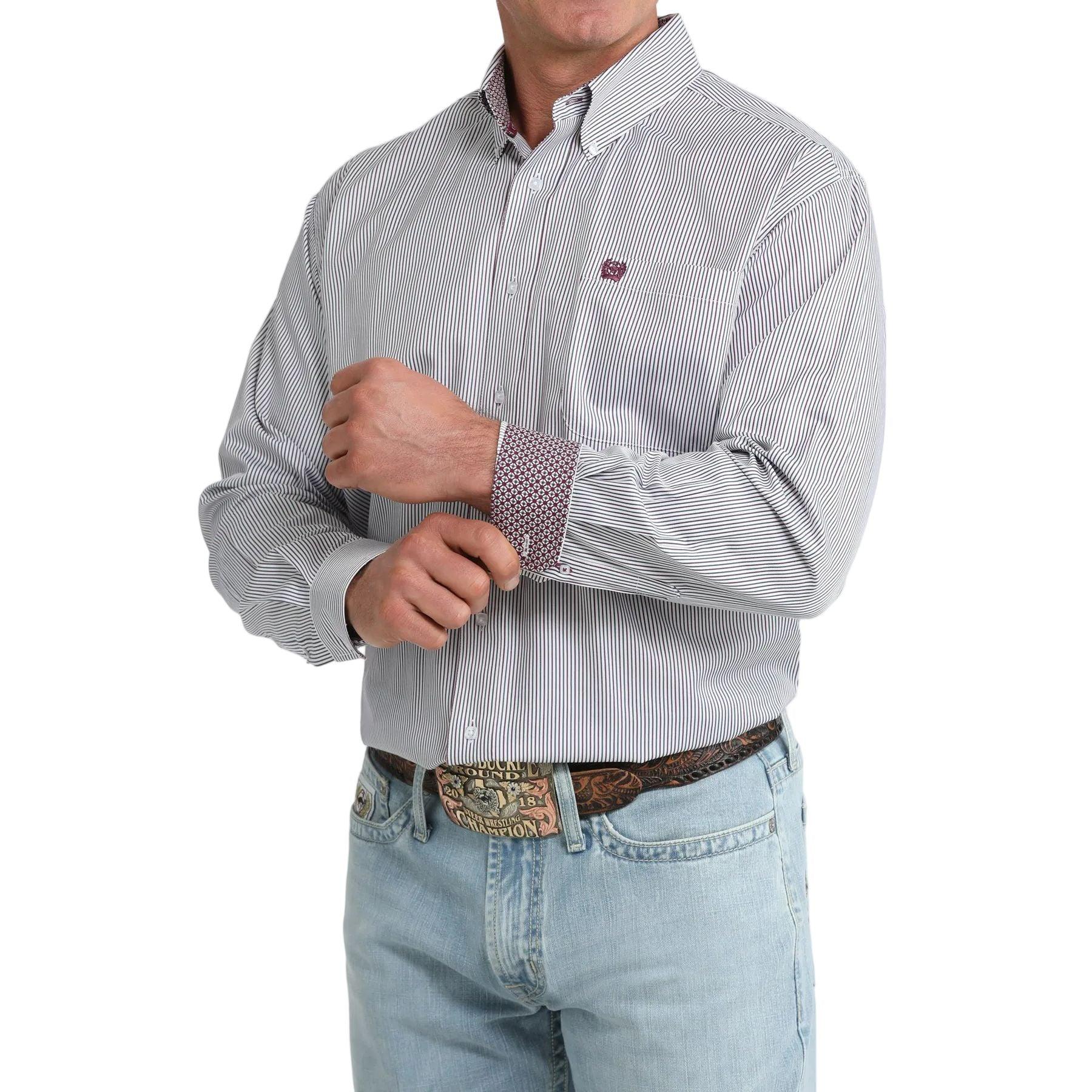 Men's Cinch Long Sleeve White Striped Button Down Shirt MTW1106107