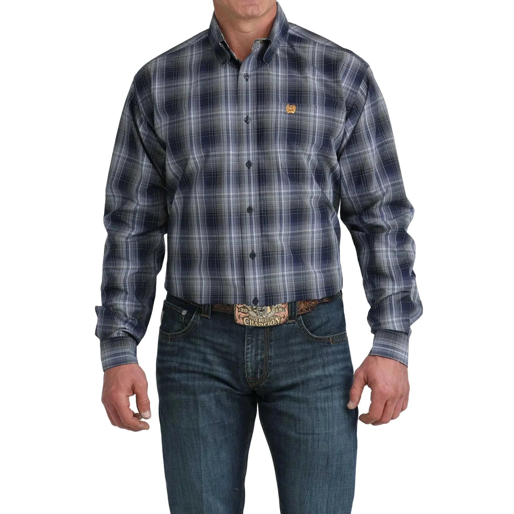 Men's Cinch Navy Plaid Long Sleeve Button Up Shirt MTW1106078