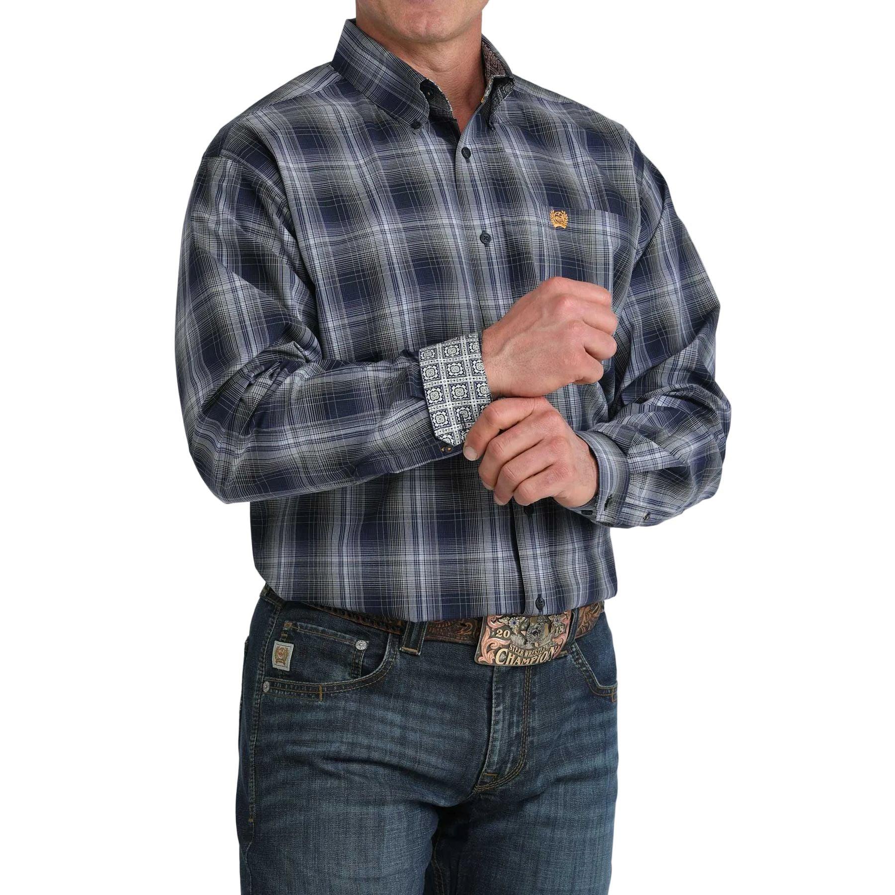 Men's Cinch Navy Plaid Long Sleeve Button Up Shirt MTW1106078