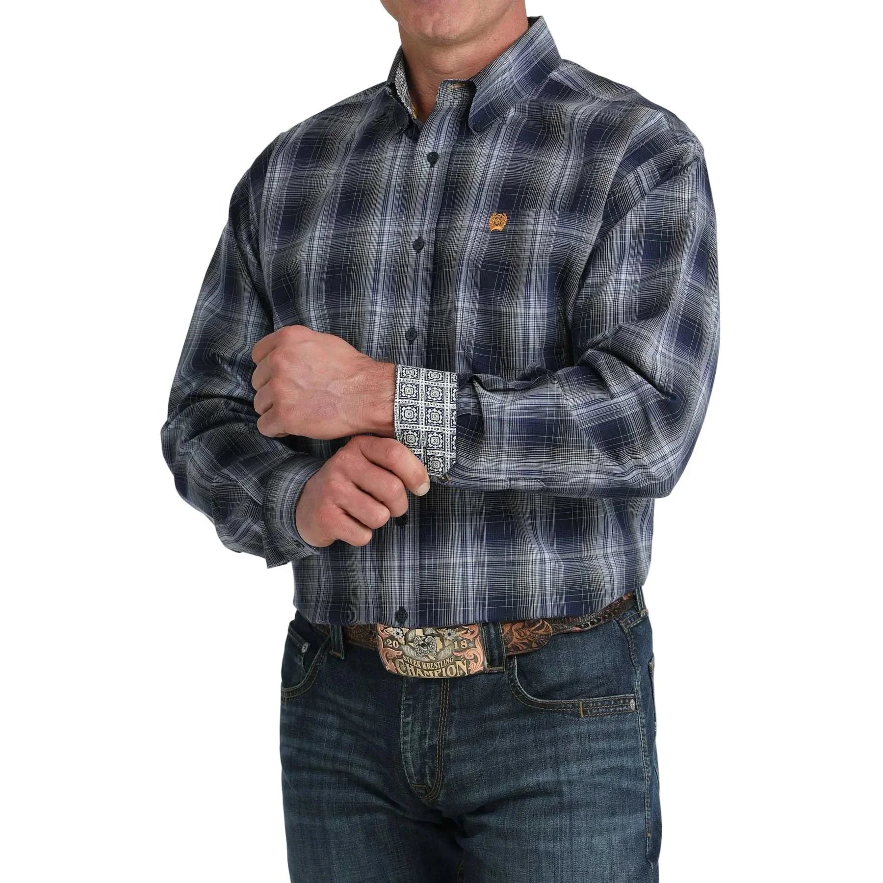 Men's Cinch Navy Plaid Long Sleeve Button Up Shirt MTW1106078