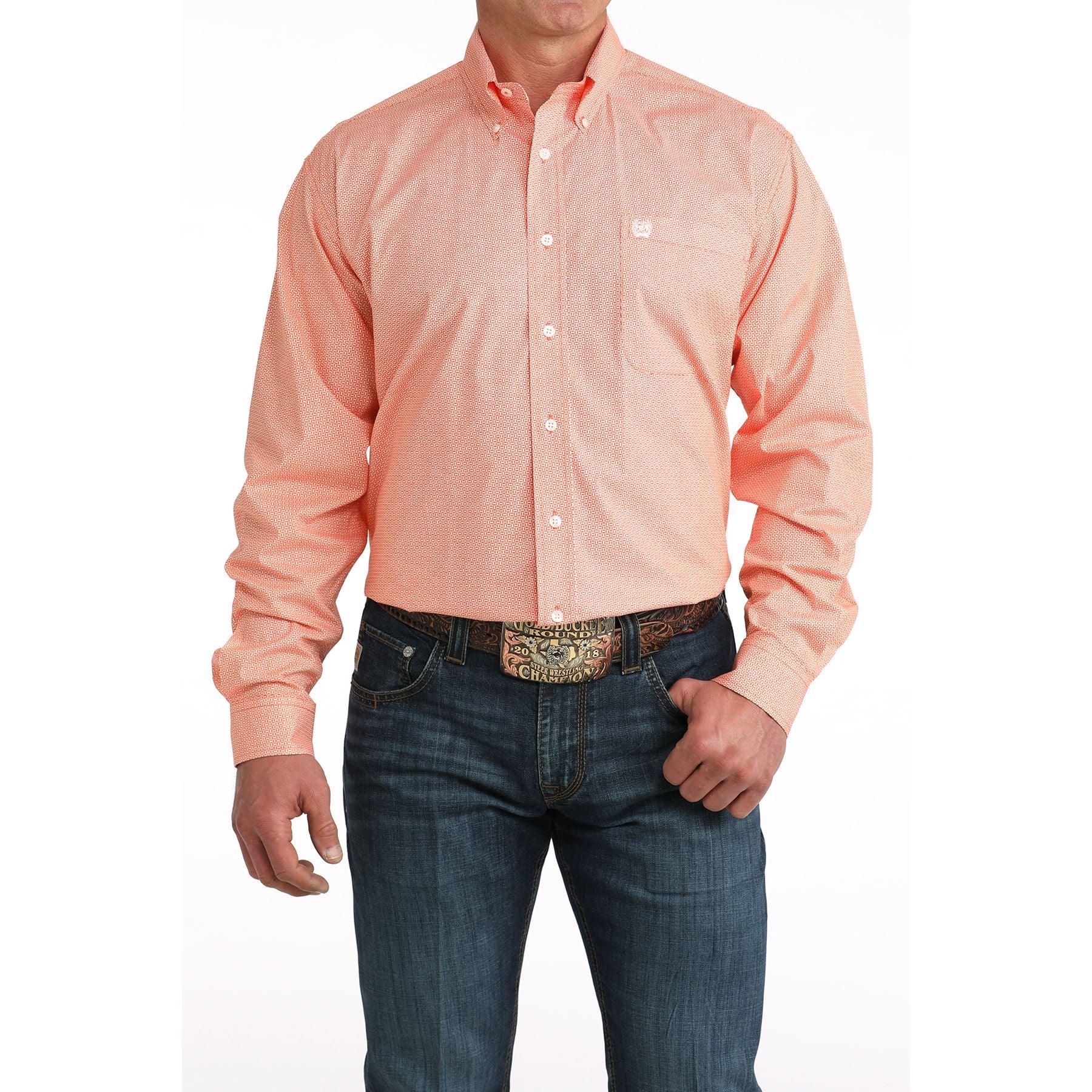 Men's Cinch Orange Long Sleeve Printed Button Down Shirt MTW1106058